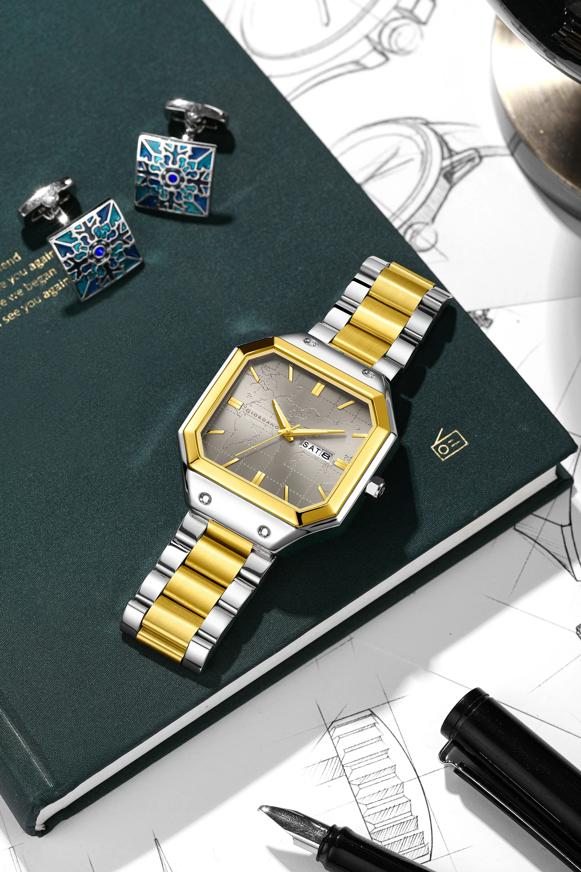 Giordano Premium  watch for men – Unique Octagone Case, Stainless Steel Band with Day & Date Display-GZ-50126-33 - Image 4