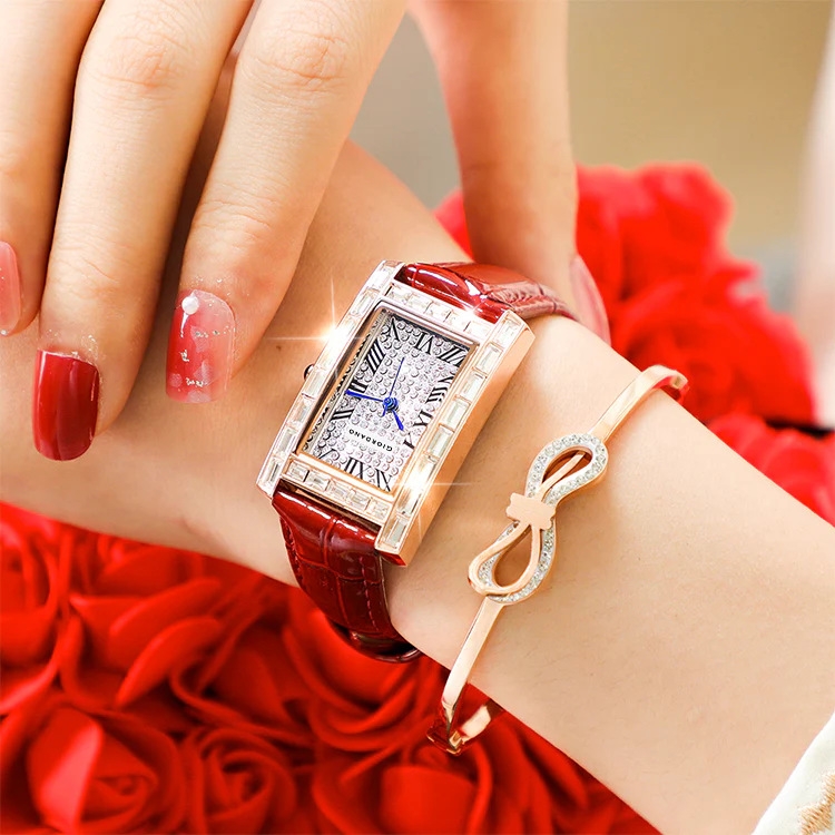 Giordano Rectangular Dress Watch for women with Crystal Bezel, roman indiced and Sparkling Dial | GZ-60119-01 - Image 3