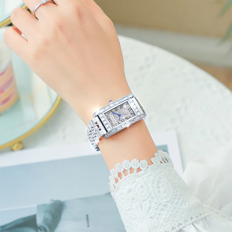 Giordano Rectangular Dress Watch for women with Crystal Bezel, roman indiced and Sparkling Dial | GZ-60119-11 - Image 3