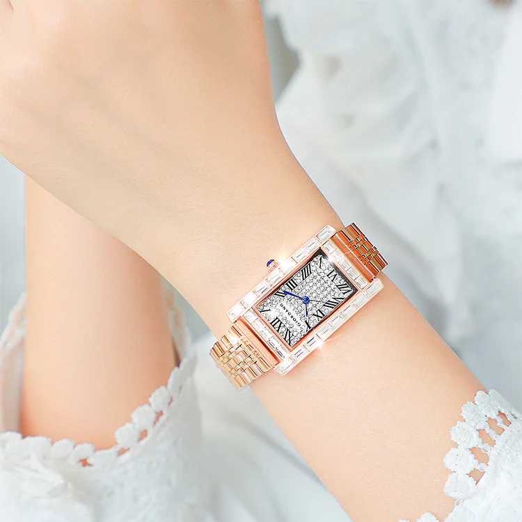Giordano Rectangular Dress Watch for women with Crystal Bezel, roman indiced and Sparkling Dial | GZ-60119-22 - Image 3