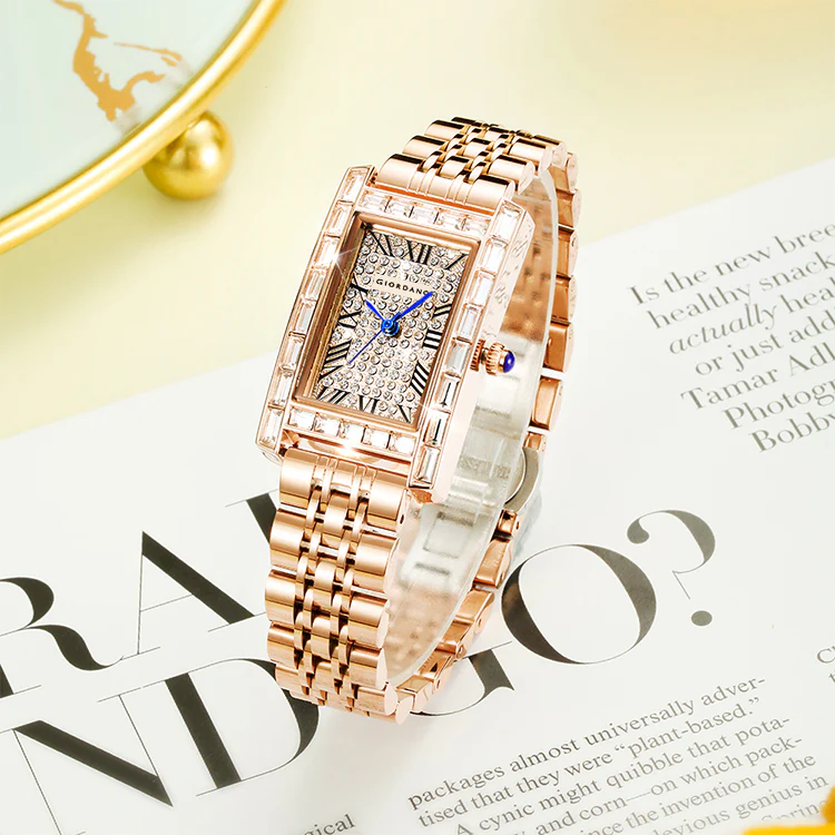 Giordano Rectangular Dress Watch for women with Crystal Bezel, roman indiced and Sparkling Dial | GZ-60119-33 - Image 3