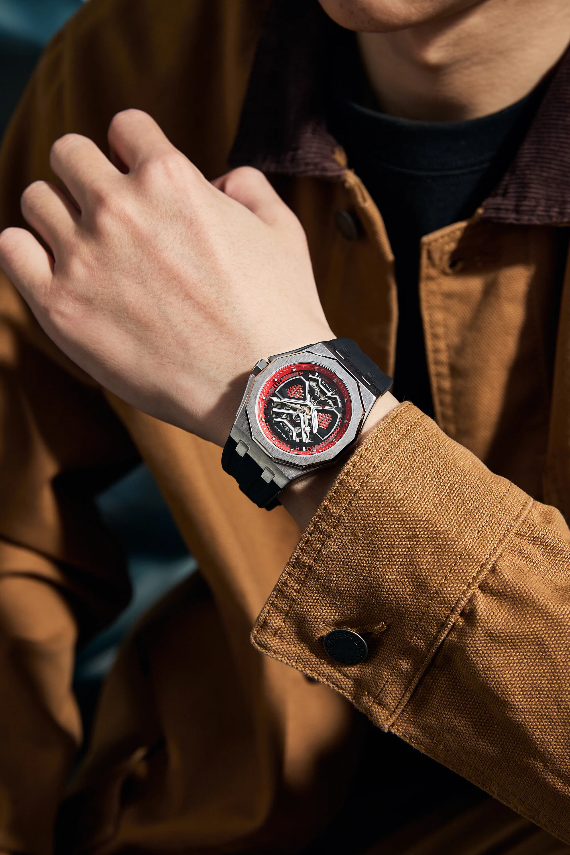 Giordano Red Automatic Unique Watch for Men with Stainless Steel Case, Silicone Strap, Luxury Design & Water Resistant GZ-50125-03 - Image 2