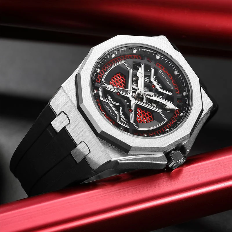 Giordano Red Automatic Unique Watch for Men with Stainless Steel Case, Silicone Strap, Luxury Design & Water Resistant GZ-50125-03 - Image 3