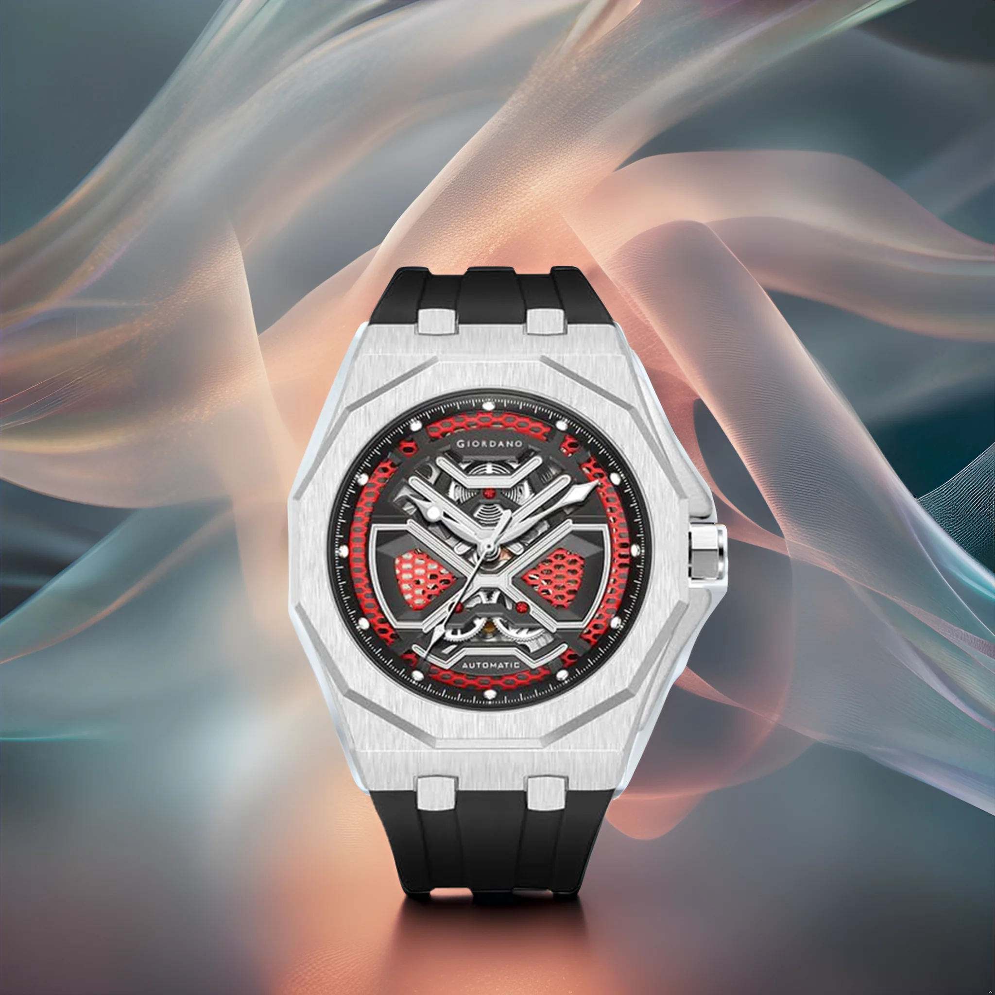 Giordano Red Automatic Unique Watch for Men with Stainless Steel Case, Silicone Strap, Luxury Design & Water Resistant GZ-50125-03 - Image 5