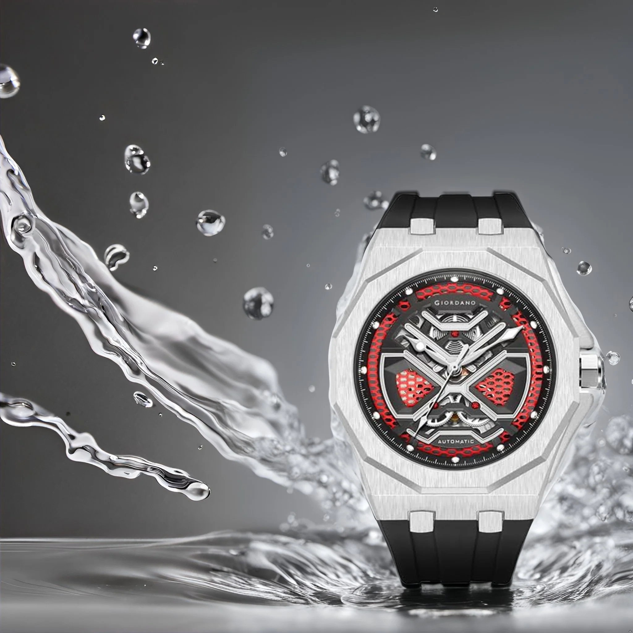 Giordano Red Automatic Unique Watch for Men with Stainless Steel Case, Silicone Strap, Luxury Design & Water Resistant GZ-50125-03 - Image 6
