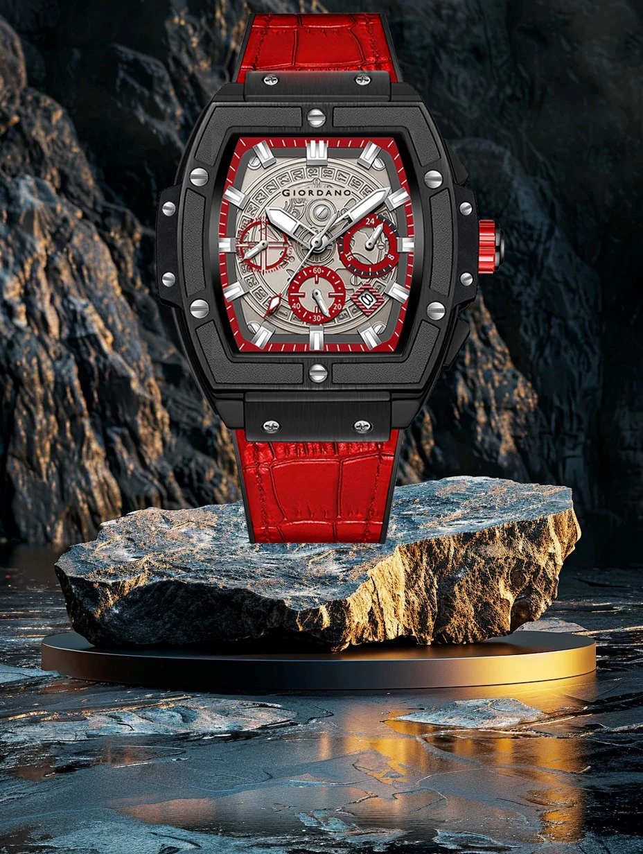 Giordano Terminator Red Leather Multifunction Watch for men - with Day, Date, and 24-Hour Sub-Dials | Water Resistant Square Dial Unique Design Wrist Watch for Man | GZ-50098-04 - Image 3