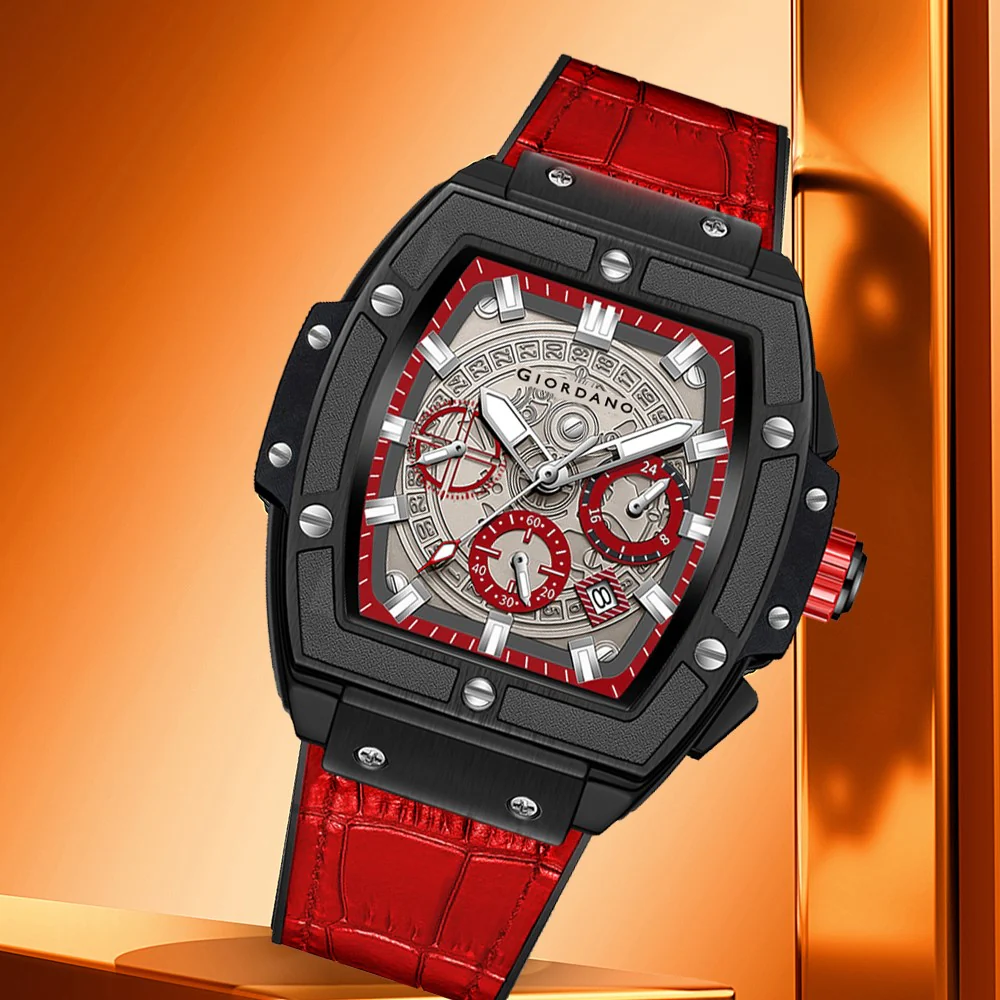 Giordano Terminator Red Leather Multifunction Watch for men - with Day, Date, and 24-Hour Sub-Dials | Water Resistant Square Dial Unique Design Wrist Watch for Man | GZ-50098-04 - Image 4