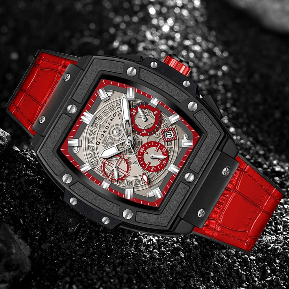 Giordano Terminator Red Leather Multifunction Watch for men - with Day, Date, and 24-Hour Sub-Dials | Water Resistant Square Dial Unique Design Wrist Watch for Man | GZ-50098-04 - Image 5