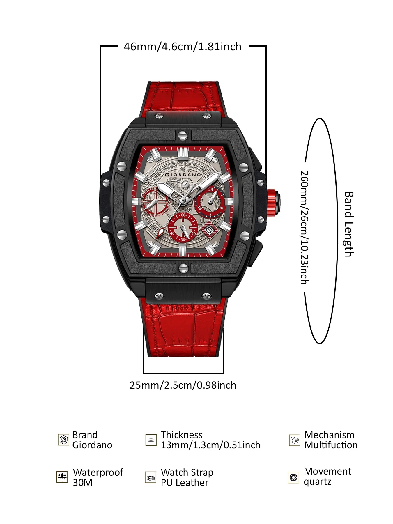 Giordano Terminator Red Leather Multifunction Watch for men - with Day, Date, and 24-Hour Sub-Dials | Water Resistant Square Dial Unique Design Wrist Watch for Man | GZ-50098-04 - Image 6