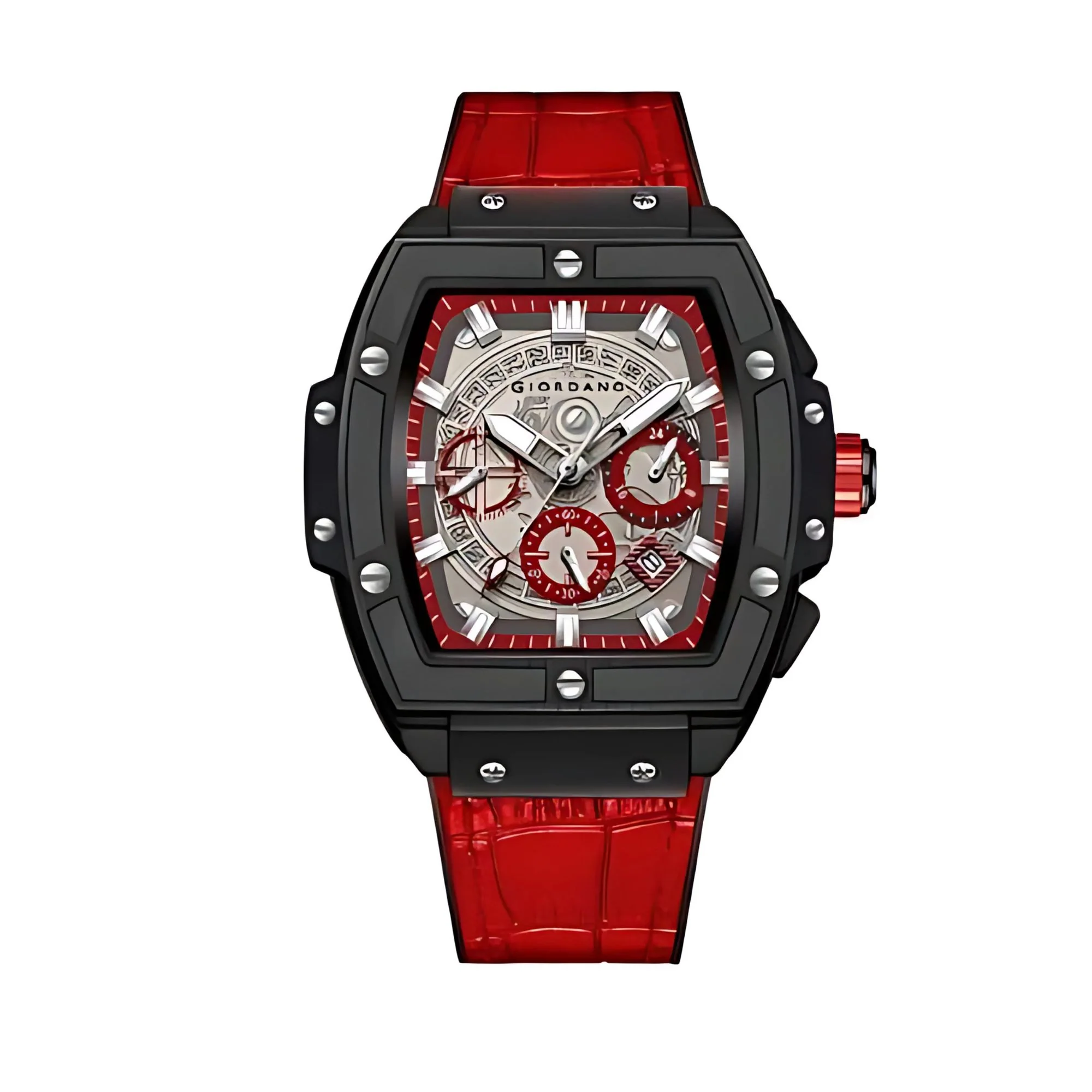 Giordano Terminator Red Leather Multifunction Watch for men - with Day, Date, and 24-Hour Sub-Dials | Water Resistant Square Dial Unique Design Wrist Watch for Man | GZ-50098-04 - Image 7