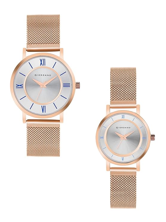 Giordano Rose Gold  Analog Stylish Watch for Couple with Stylish dial with Roman Indicess and mesh Metal Strap GD-1172-SETA-11 - Image 3
