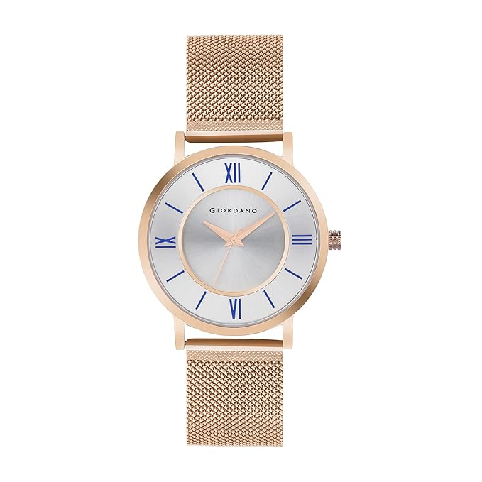 Giordano Rose Gold  Analog Stylish Watch for Couple with Stylish dial with Roman Indicess and mesh Metal Strap GD-1172-SETA-11 - Image 5