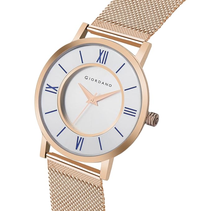 Giordano Rose Gold  Analog Stylish Watch for Couple with Stylish dial with Roman Indicess and mesh Metal Strap GD-1172-SETA-11 - Image 6