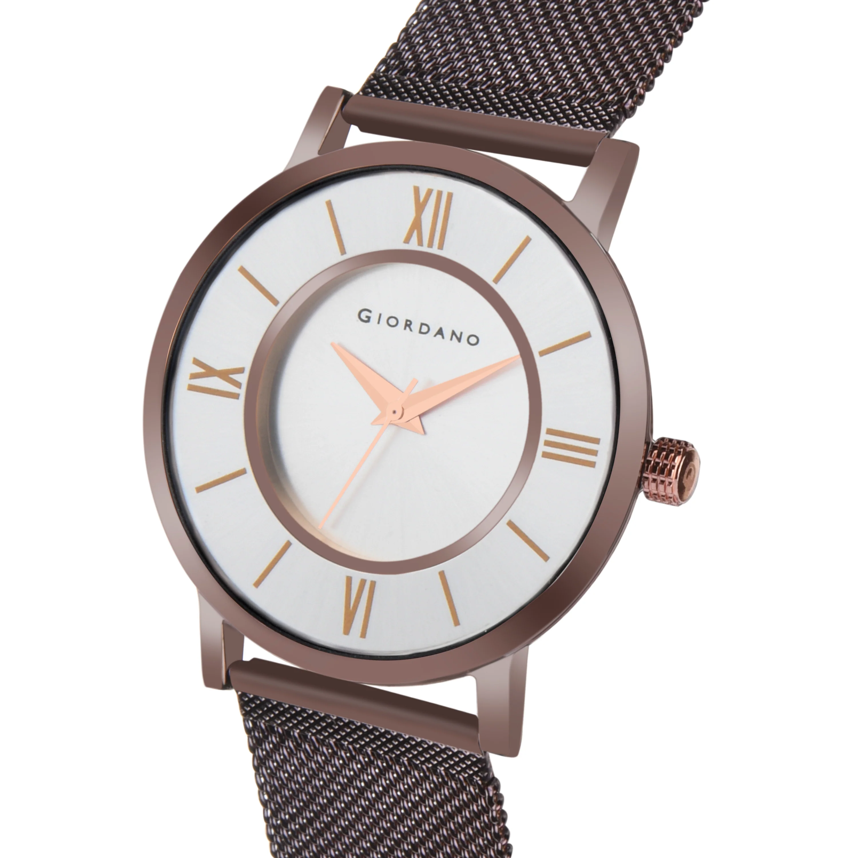 Giordano Rose Gold  Analog Stylish Watch for Couple with Stylish dial with Roman Indicess and mesh Metal Strap GD-1172-SETA-33 - Image 4