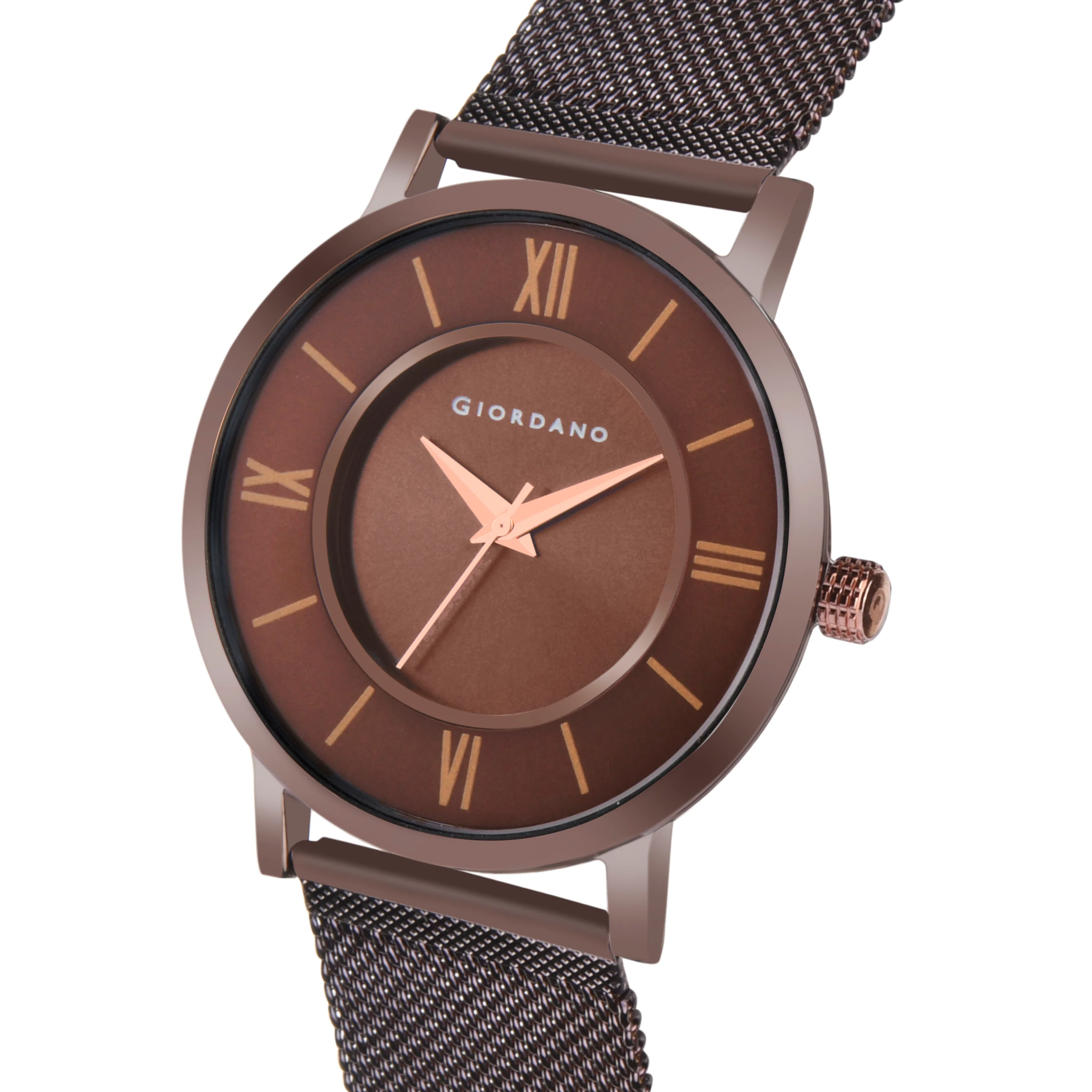 Giordano Rose Gold  Analog Stylish Watch for Couple with Stylish dial with Roman Indicess and mesh Metal Strap GD-1172-SETA-55 - Image 4