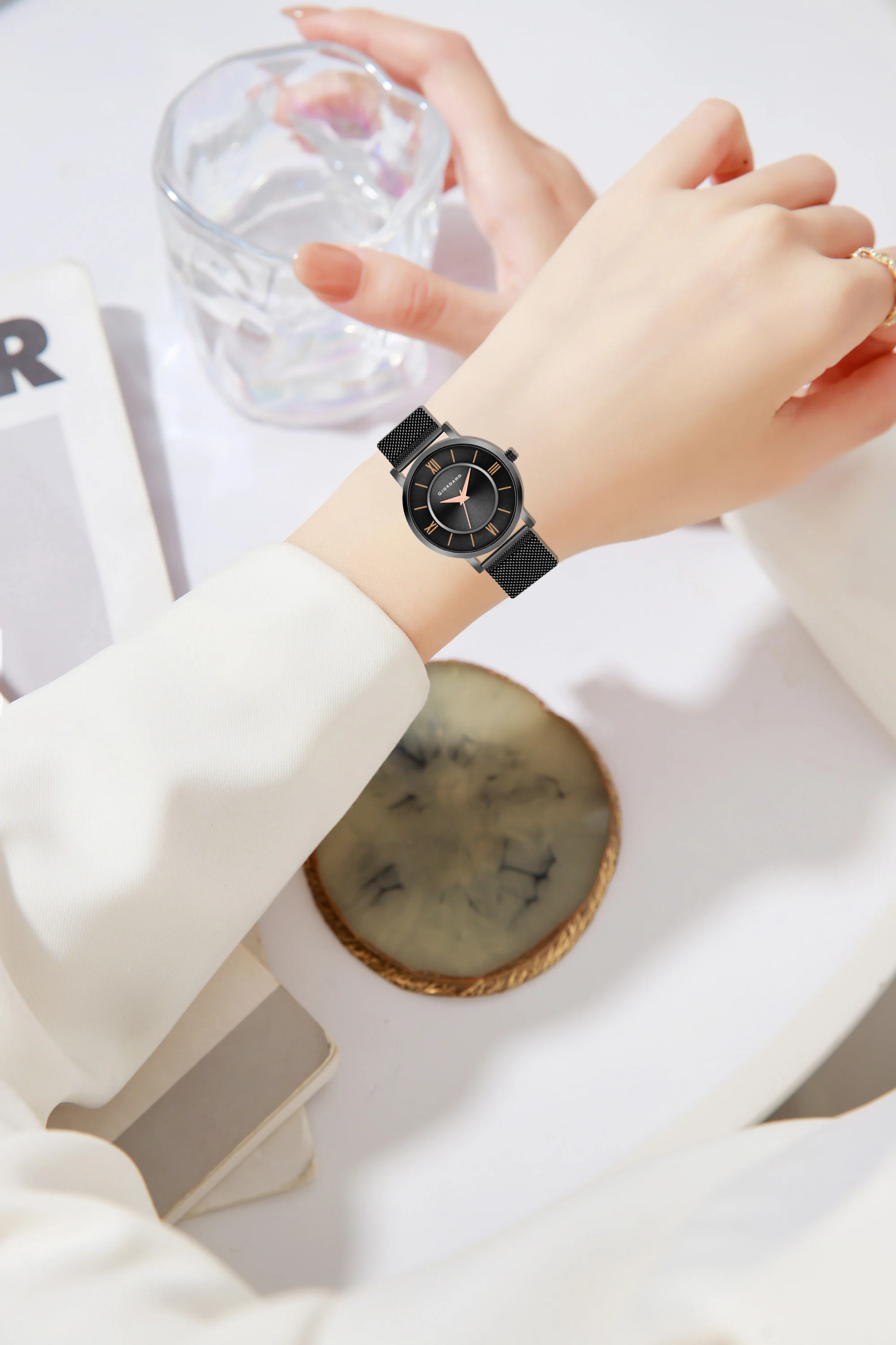 Giordano Rose Gold  Analog Stylish Watch for Couple with Stylish dial with Roman Indicess and mesh Metal Strap GD-1172-SETA-66 - Image 2