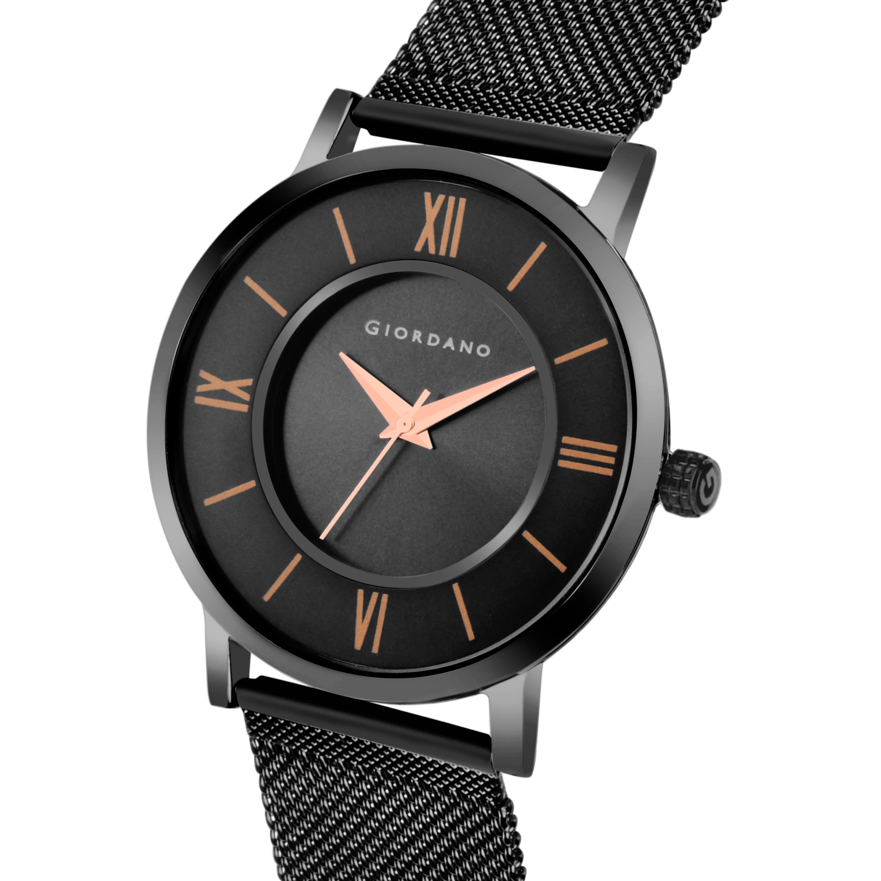 Giordano Rose Gold  Analog Stylish Watch for Couple with Stylish dial with Roman Indicess and mesh Metal Strap GD-1172-SETA-66 - Image 4