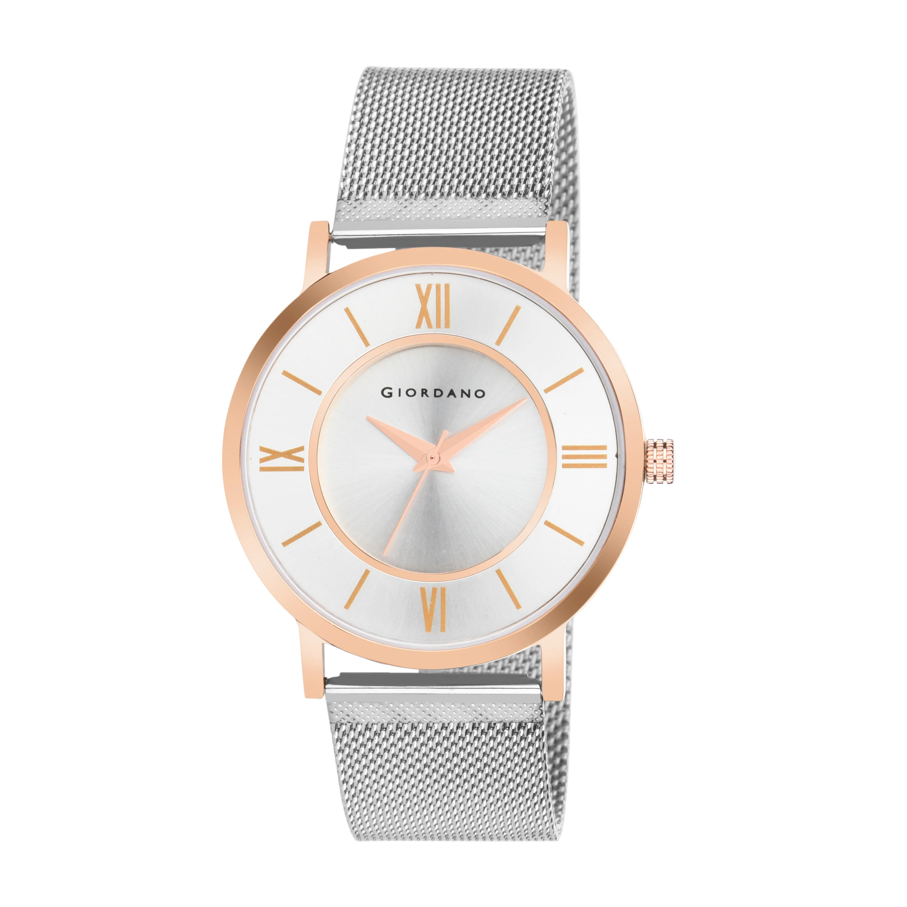 Giordano Rose Gold  Analog Stylish Watch for Couple with Stylish dial with Roman Indicess and mesh Metal Strap GD-1172-SETA-77 - Image 3
