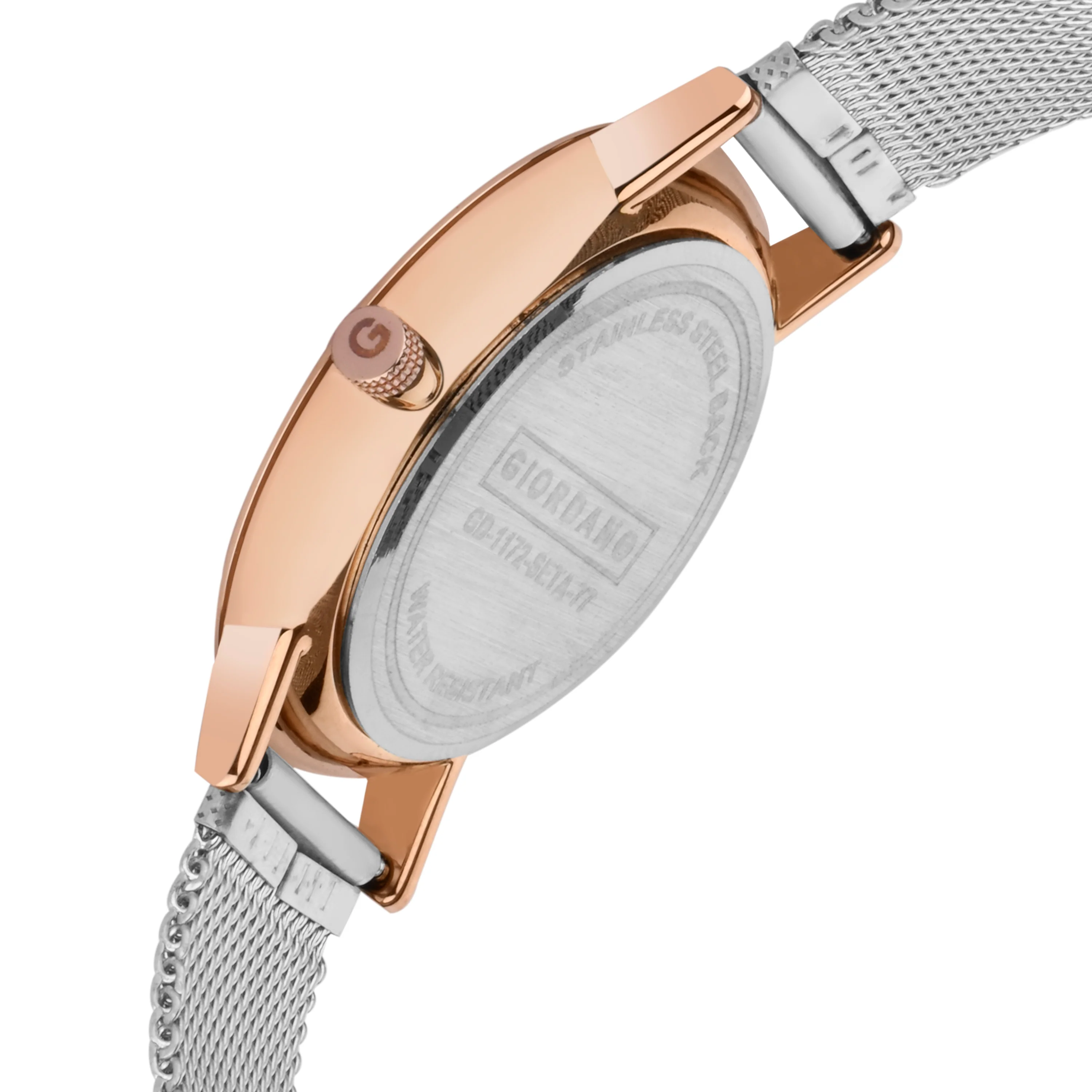 Giordano Rose Gold  Analog Stylish Watch for Couple with Stylish dial with Roman Indicess and mesh Metal Strap GD-1172-SETA-77 - Image 4