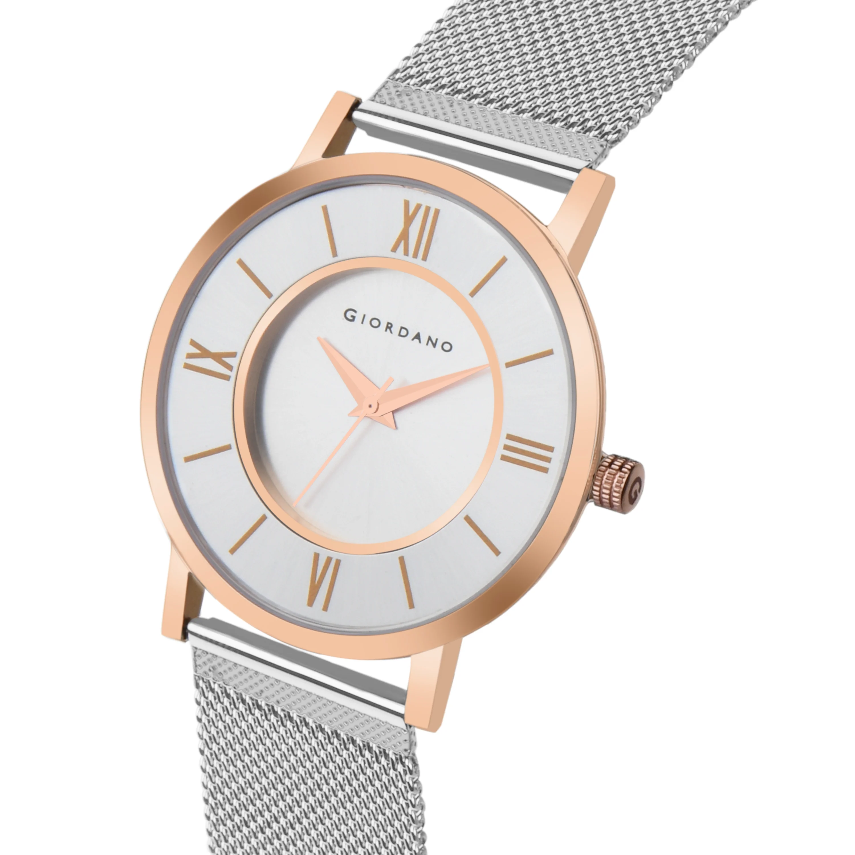 Giordano Rose Gold  Analog Stylish Watch for Couple with Stylish dial with Roman Indicess and mesh Metal Strap GD-1172-SETA-77 - Image 5