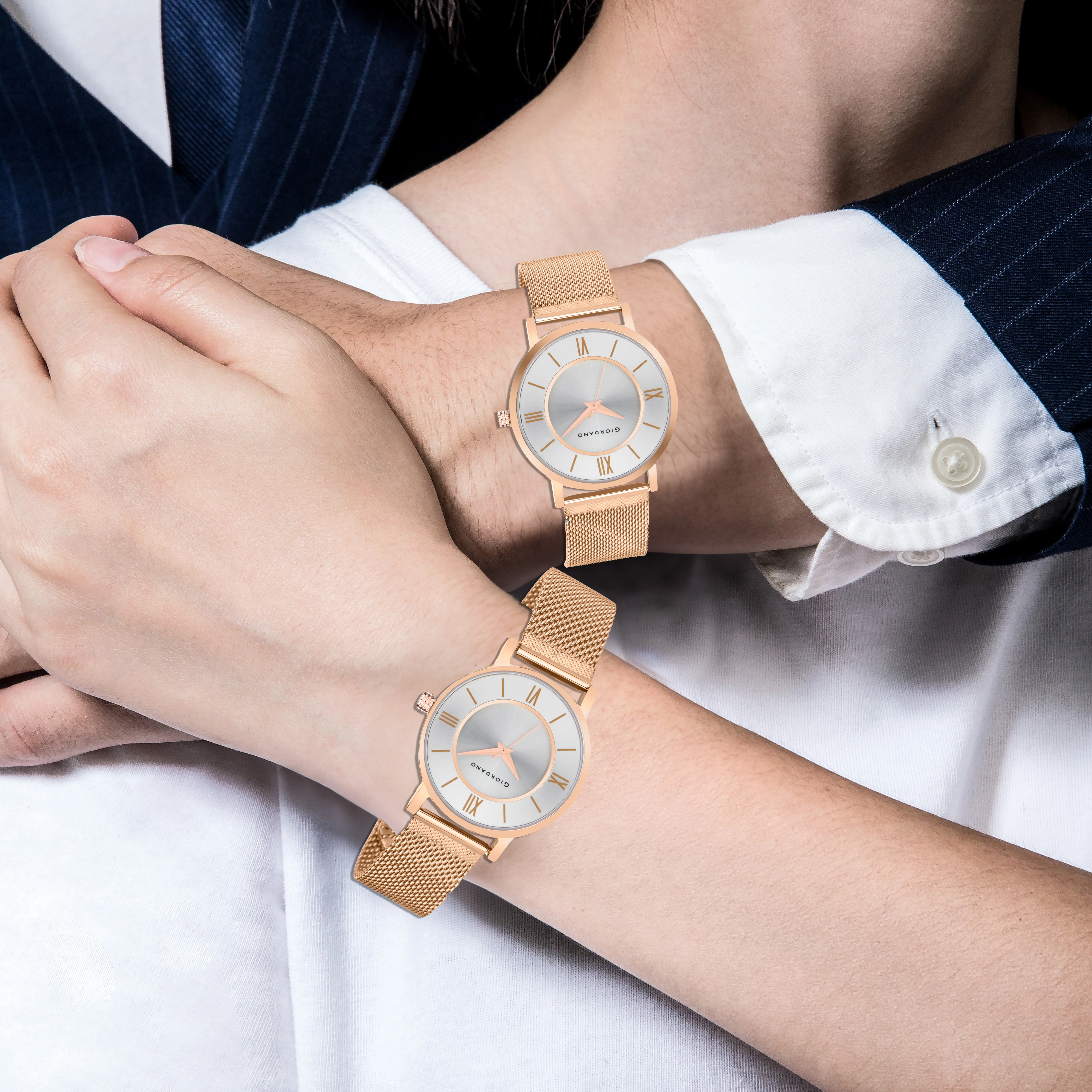 Giordano Rose Gold  Analog Stylish Watch for Couple with Stylish dial with Roman Indicess and mesh Metal Strap GD-1172-SETA-88 - Image 2