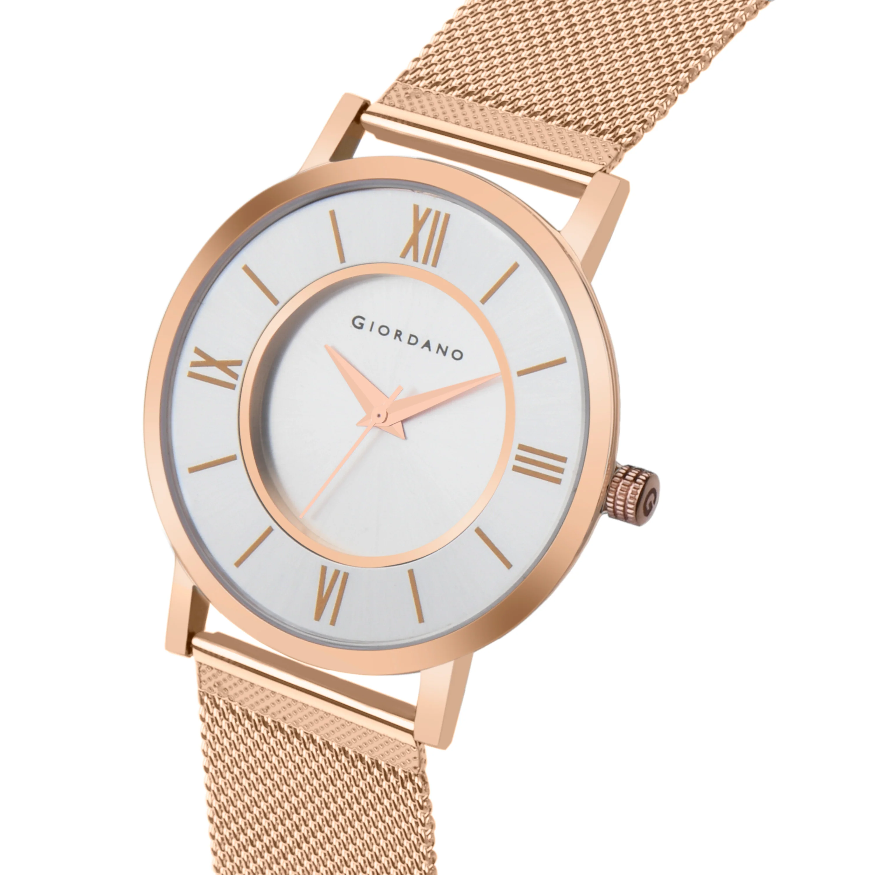 Giordano Rose Gold  Analog Stylish Watch for Couple with Stylish dial with Roman Indicess and mesh Metal Strap GD-1172-SETA-88 - Image 4