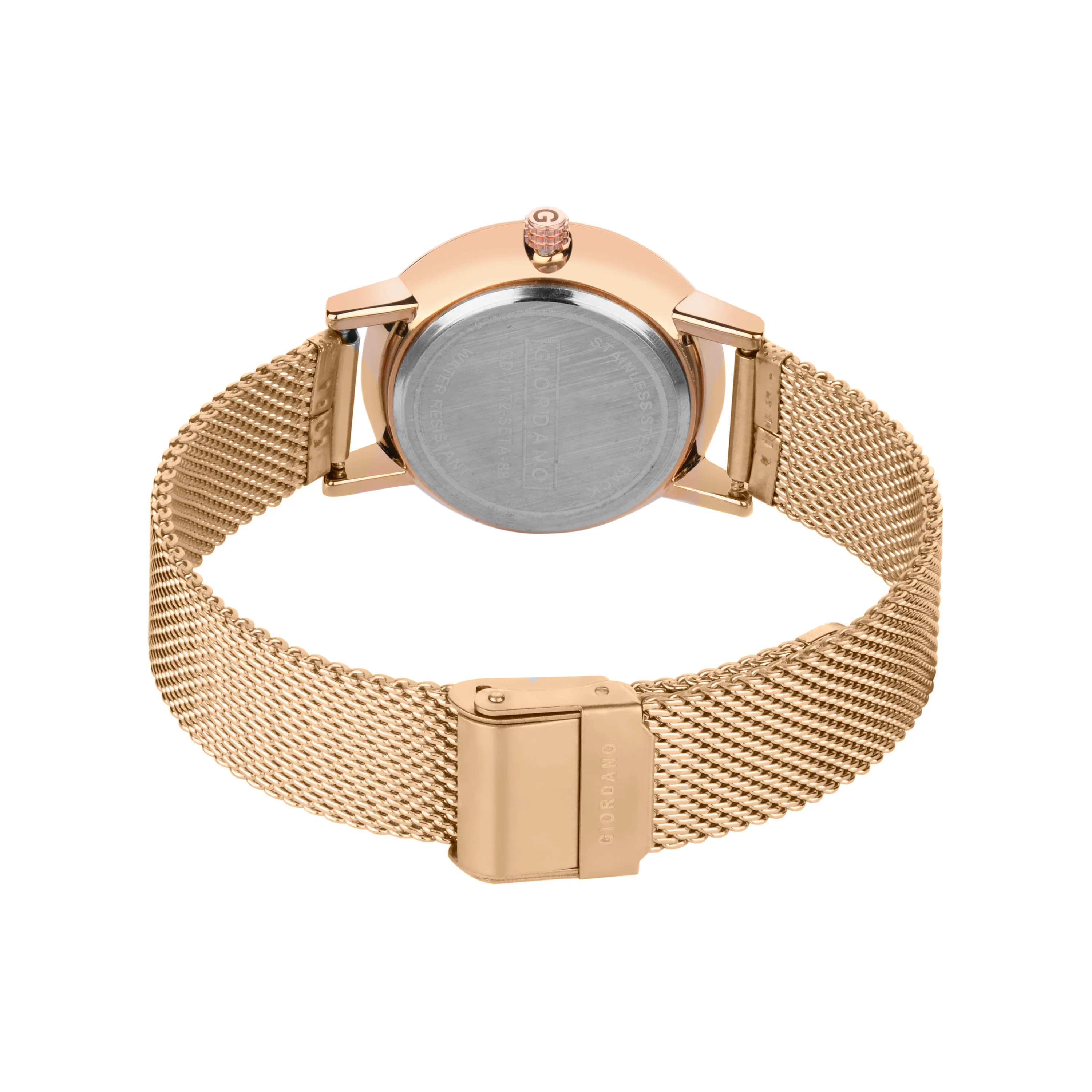 Giordano Rose Gold  Analog Stylish Watch for Couple with Stylish dial with Roman Indicess and mesh Metal Strap GD-1172-SETA-88 - Image 6