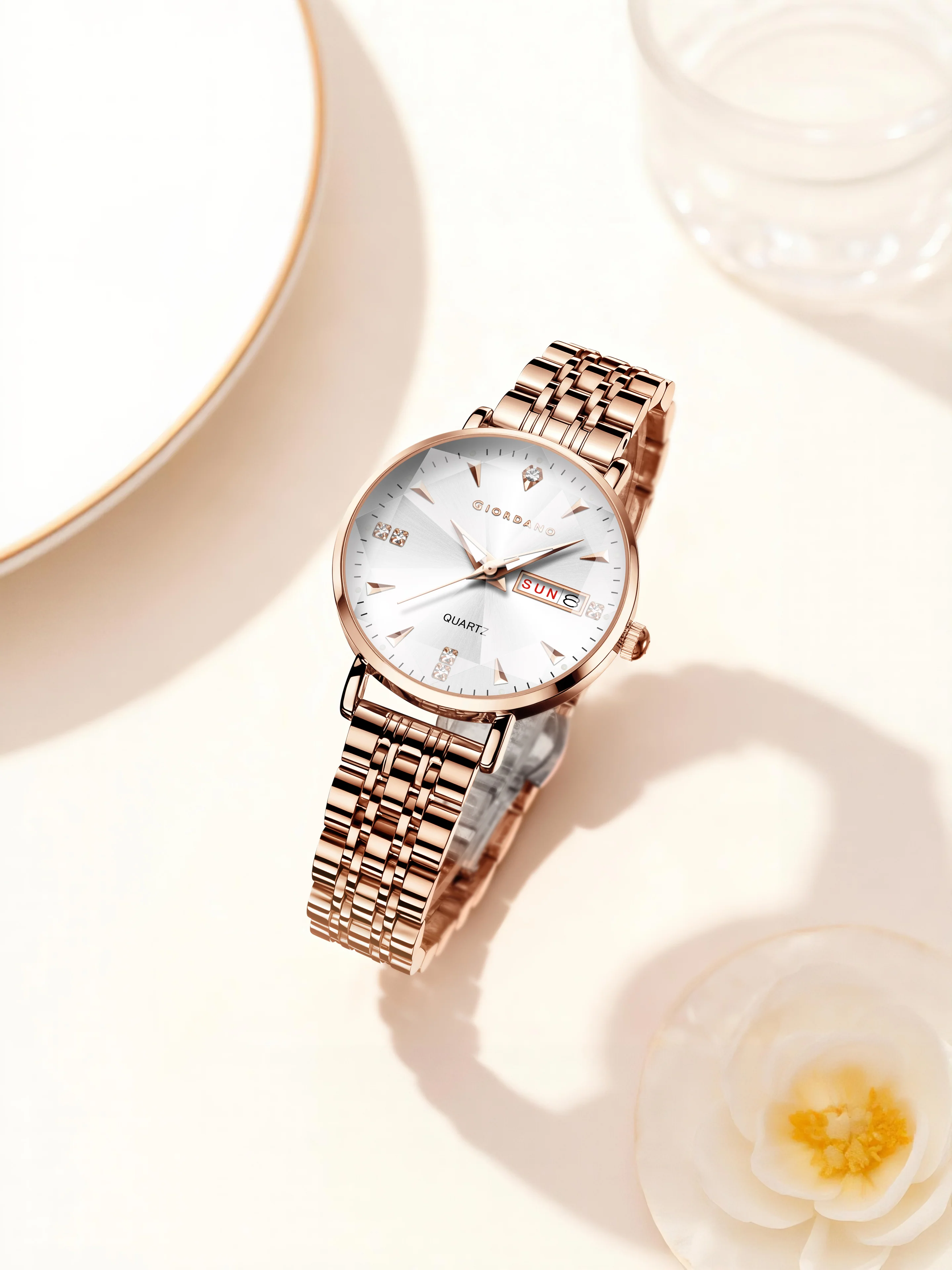 Giordano Rose Gold Analog Watch for Women with Luminous Hands & Markers, Day & Date Display and Stainless Steel Strap - GZ-60139-11 - Image 3