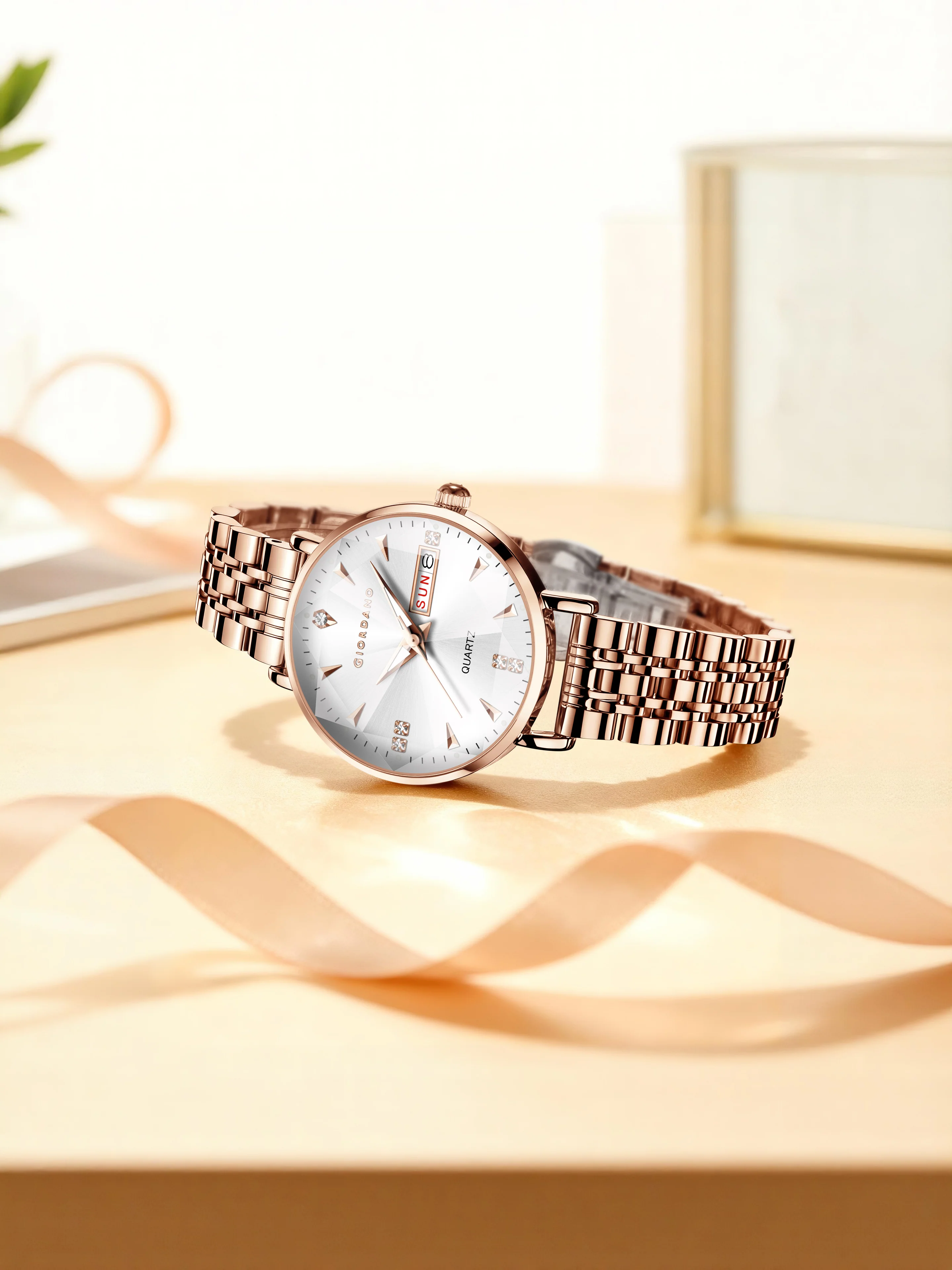 Giordano Rose Gold Analog Watch for Women with Luminous Hands & Markers, Day & Date Display and Stainless Steel Strap - GZ-60139-11 - Image 4