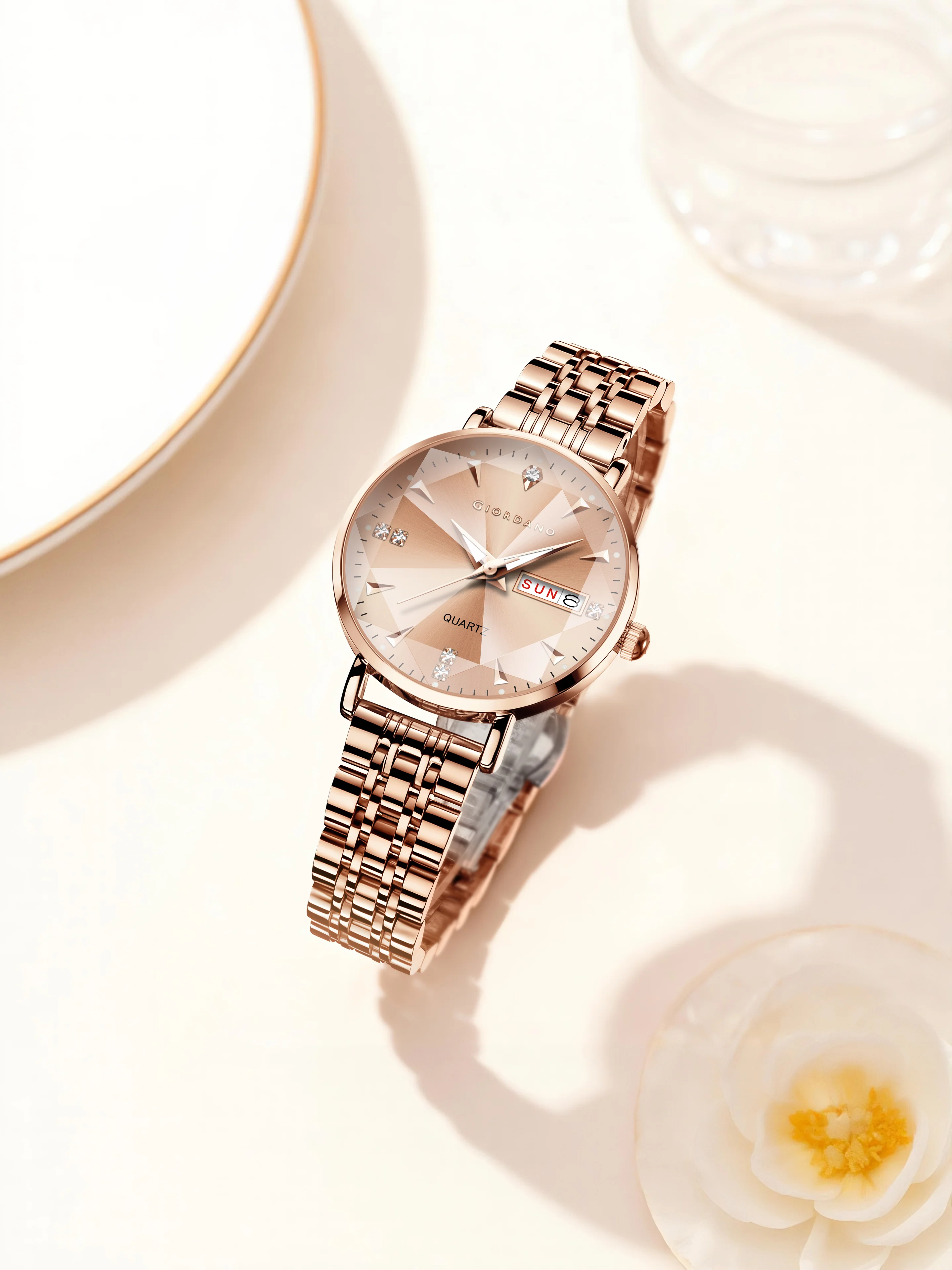 Giordano Rose Gold Analog Watch for Women with Luminous Hands & Markers, Day & Date Display and Stainless Steel Strap - GZ-60139-22 - Image 3