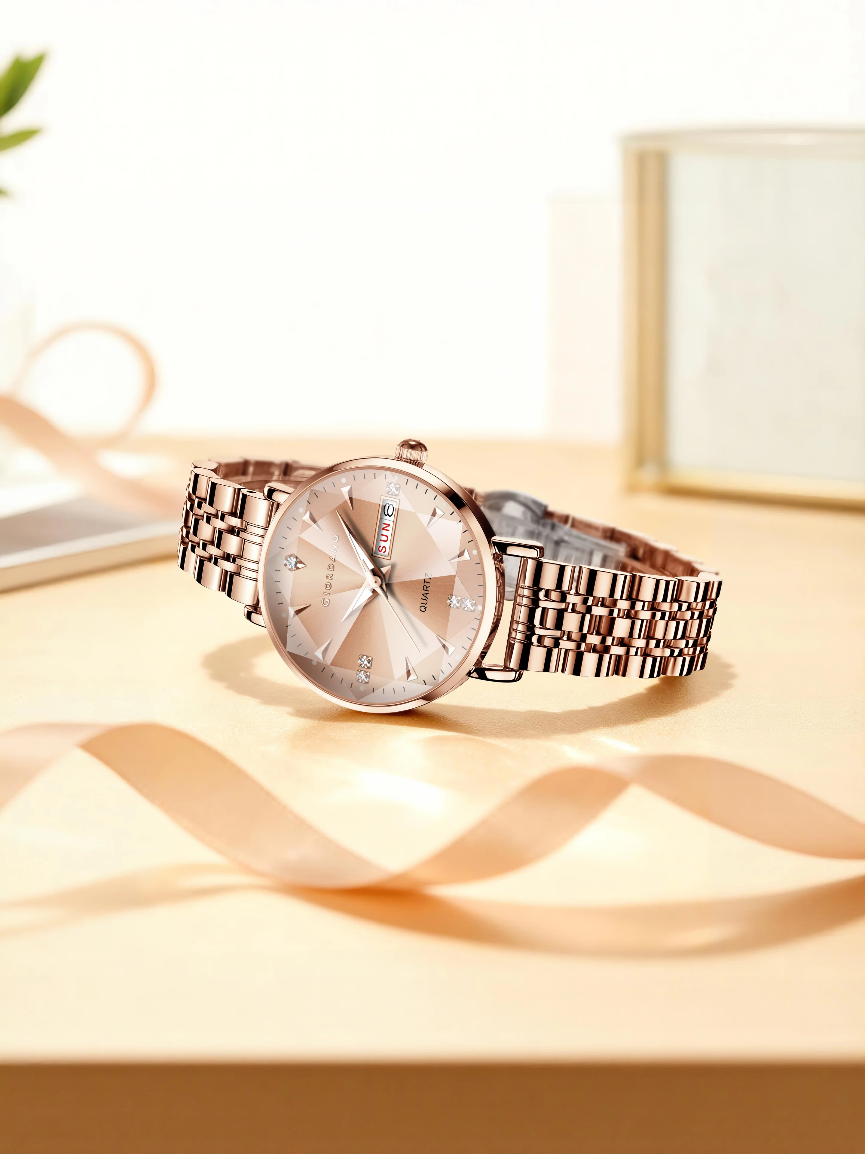 Giordano Rose Gold Analog Watch for Women with Luminous Hands & Markers, Day & Date Display and Stainless Steel Strap - GZ-60139-22 - Image 4