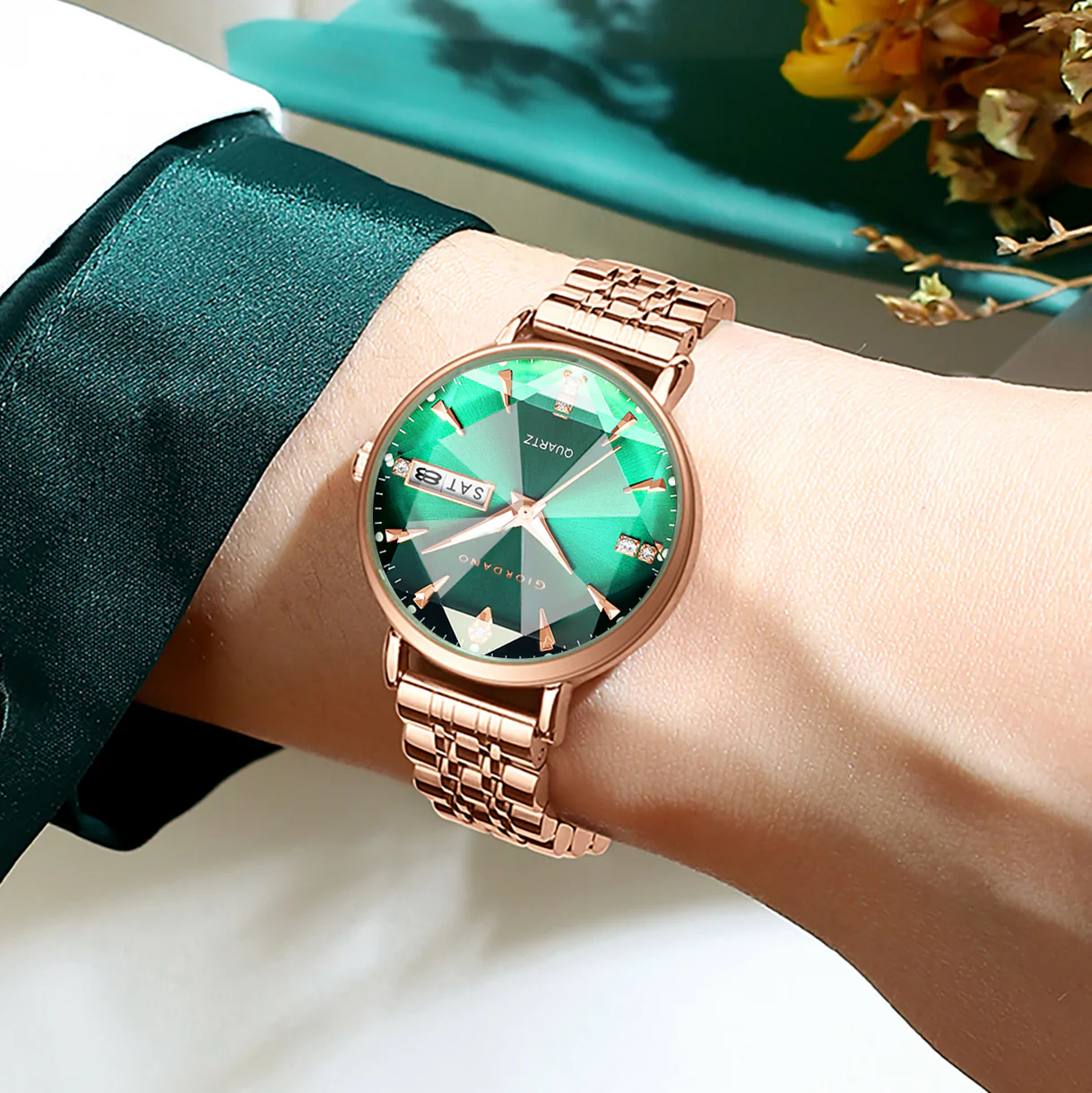 Giordano Rose Gold Analog Watch for Women with Luminous Hands & Markers, Day & Date Display and Stainless Steel Strap - GZ-60139-33 - Image 2