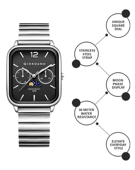 Giordano Silver Classic Square Analog Watch for Men with Moon Phase Display and Stainless Steel Strap GZ-50117-11 - Image 3