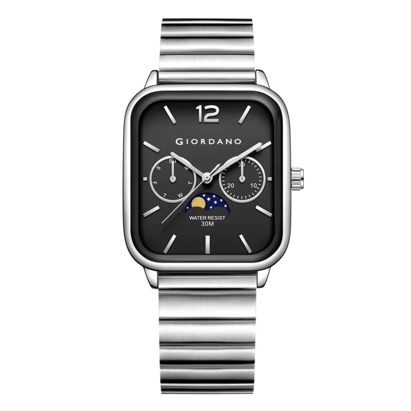 Giordano Silver Classic Square Analog Watch for Men with Moon Phase Display and Stainless Steel Strap GZ-50117-11 - Image 4