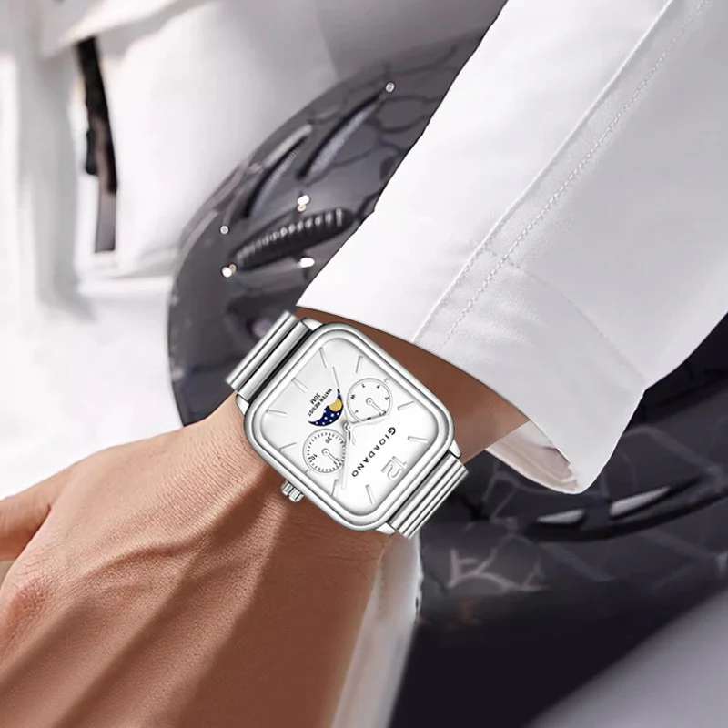 Giordano Silver  Classic Square Analog Watch for Men with Moon Phase Display and Stainless Steel Strap GZ-50117-22 - Image 2