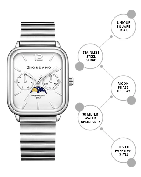 Giordano Silver  Classic Square Analog Watch for Men with Moon Phase Display and Stainless Steel Strap GZ-50117-22 - Image 3