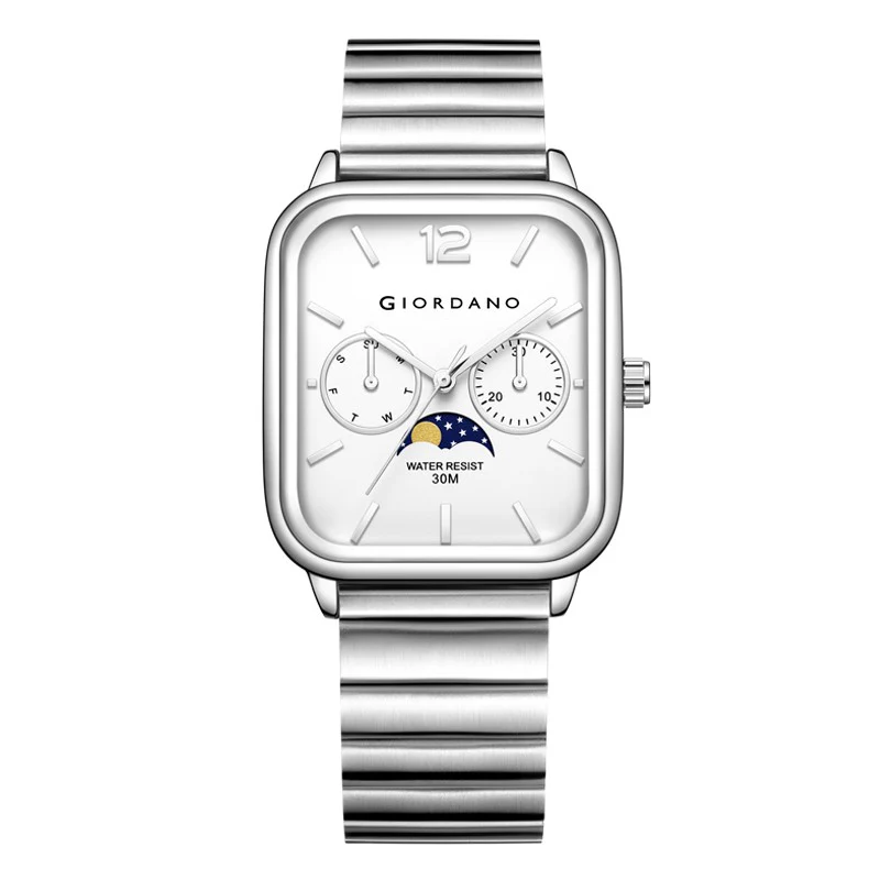 Giordano Silver  Classic Square Analog Watch for Men with Moon Phase Display and Stainless Steel Strap GZ-50117-22 - Image 4