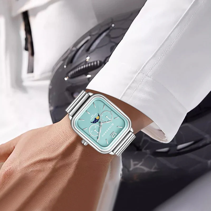 Giordano Silver  Classic Square Analog Watch for Men with Moon Phase Display and Stainless Steel Strap GZ-50117-33 - Image 2