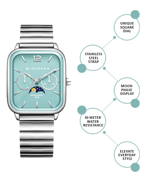 Giordano Silver  Classic Square Analog Watch for Men with Moon Phase Display and Stainless Steel Strap GZ-50117-33 - Image 3