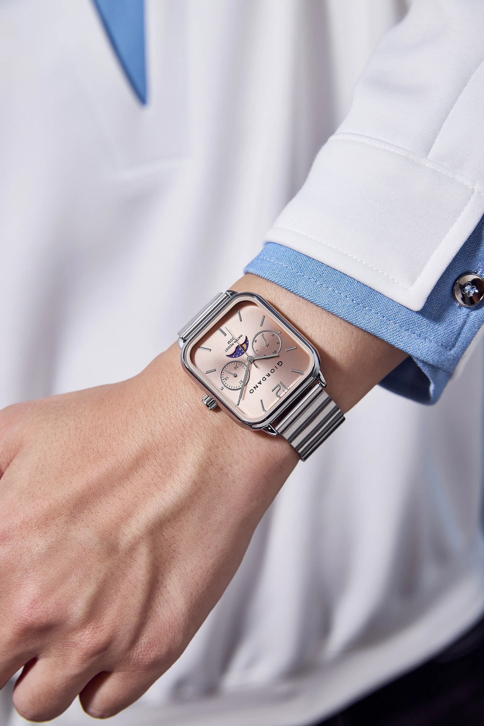 Giordano Silver  Classic Square Analog Watch for Men with Moon Phase Display and Stainless Steel Strap GZ-50117-44 - Image 2