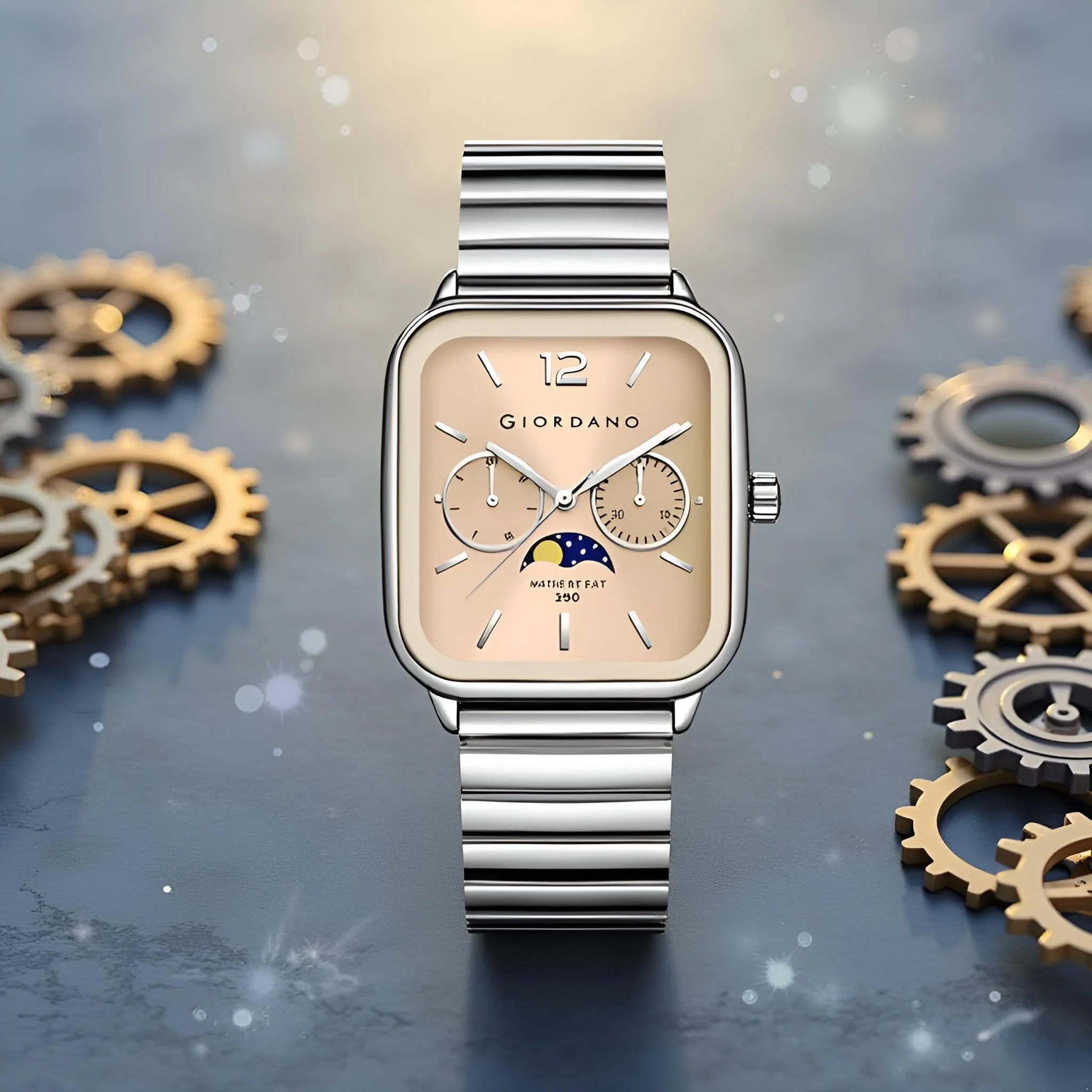 Giordano Silver  Classic Square Analog Watch for Men with Moon Phase Display and Stainless Steel Strap GZ-50117-44 - Image 3
