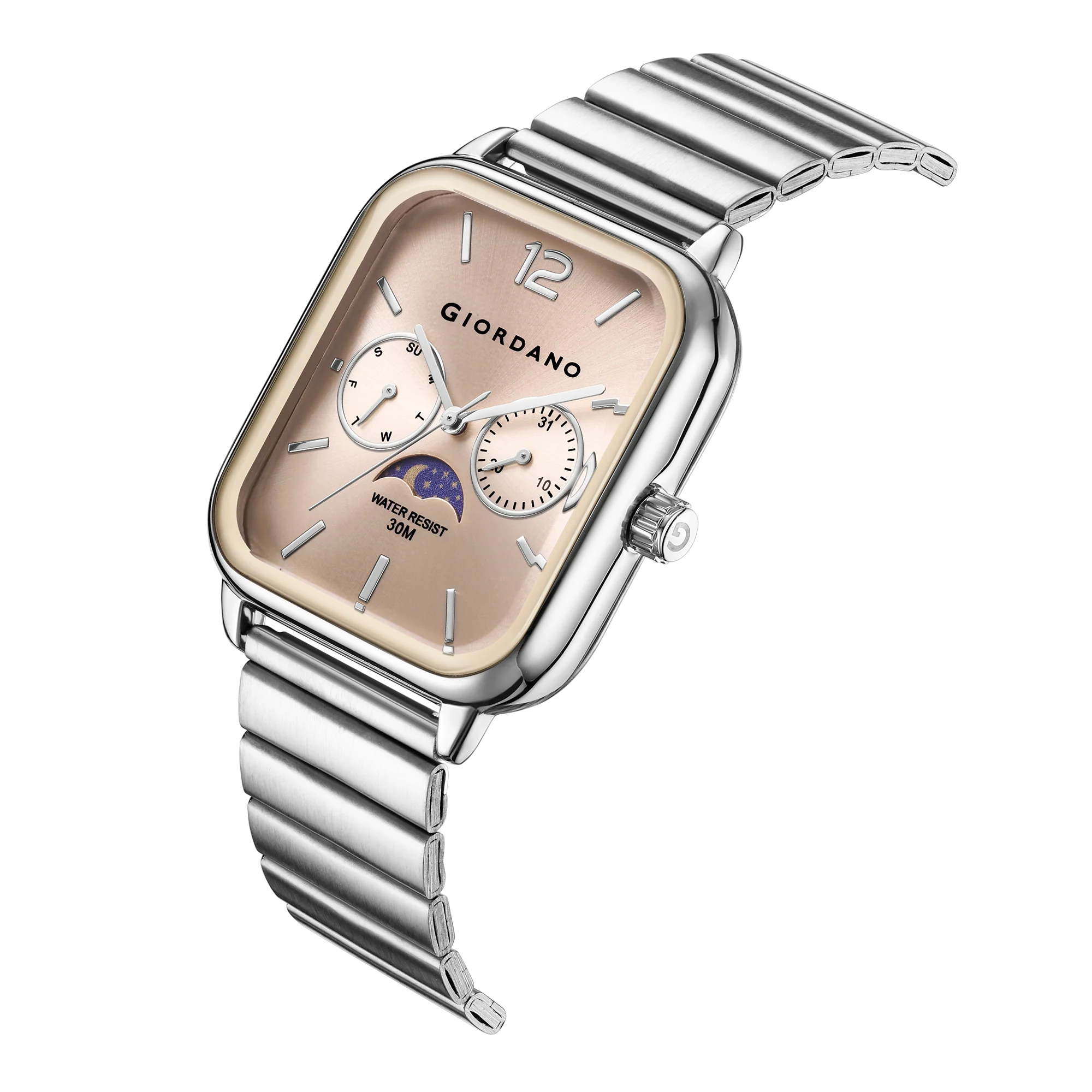 Giordano Silver  Classic Square Analog Watch for Men with Moon Phase Display and Stainless Steel Strap GZ-50117-44 - Image 5