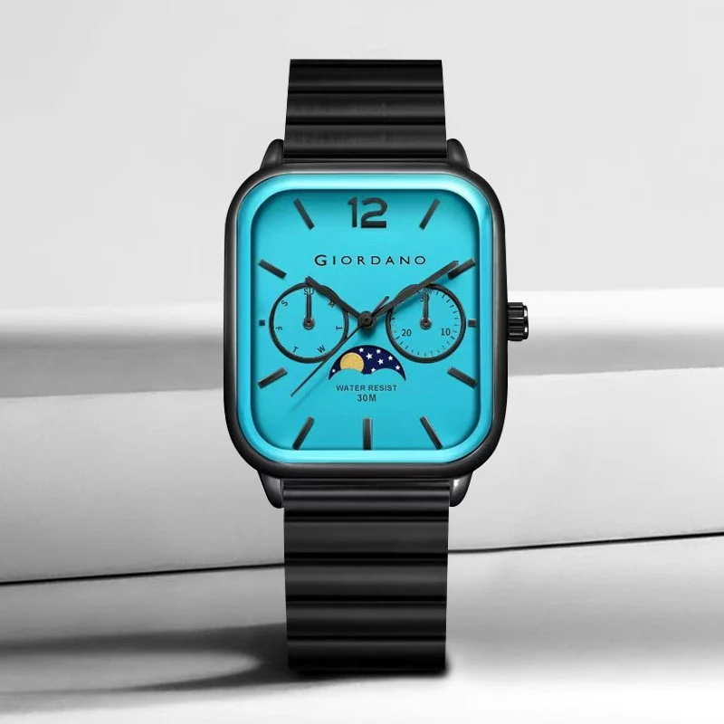 Giordano Silver Classic Square Analog Watch for Men with Moon Phase Display and Stainless Steel Strap GZ-50117-66 - Image 3