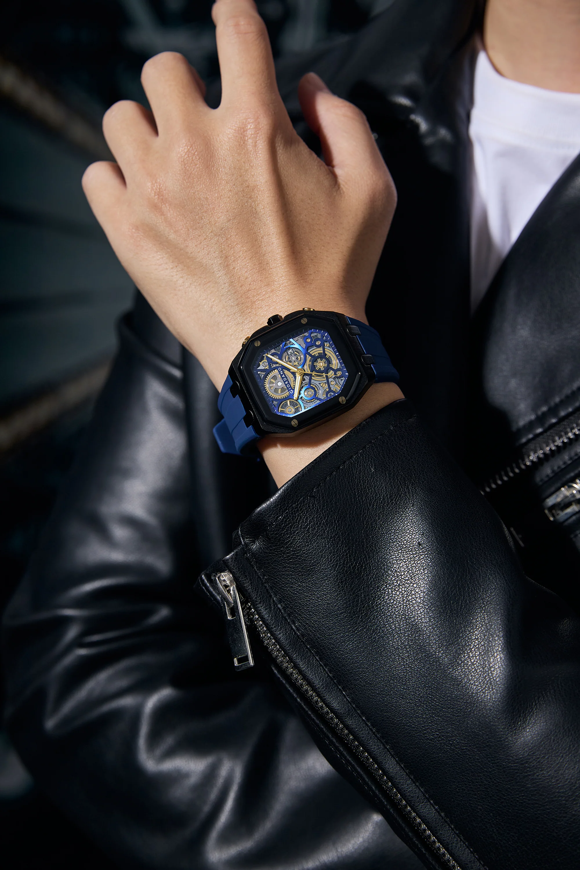 Giordano Skeleton Dial Analog Watch for Men – Black Tone Case, Blue Silicone Strap, Date Display & Transparent Mechanical Design GZ-50221-04 - Image 2
