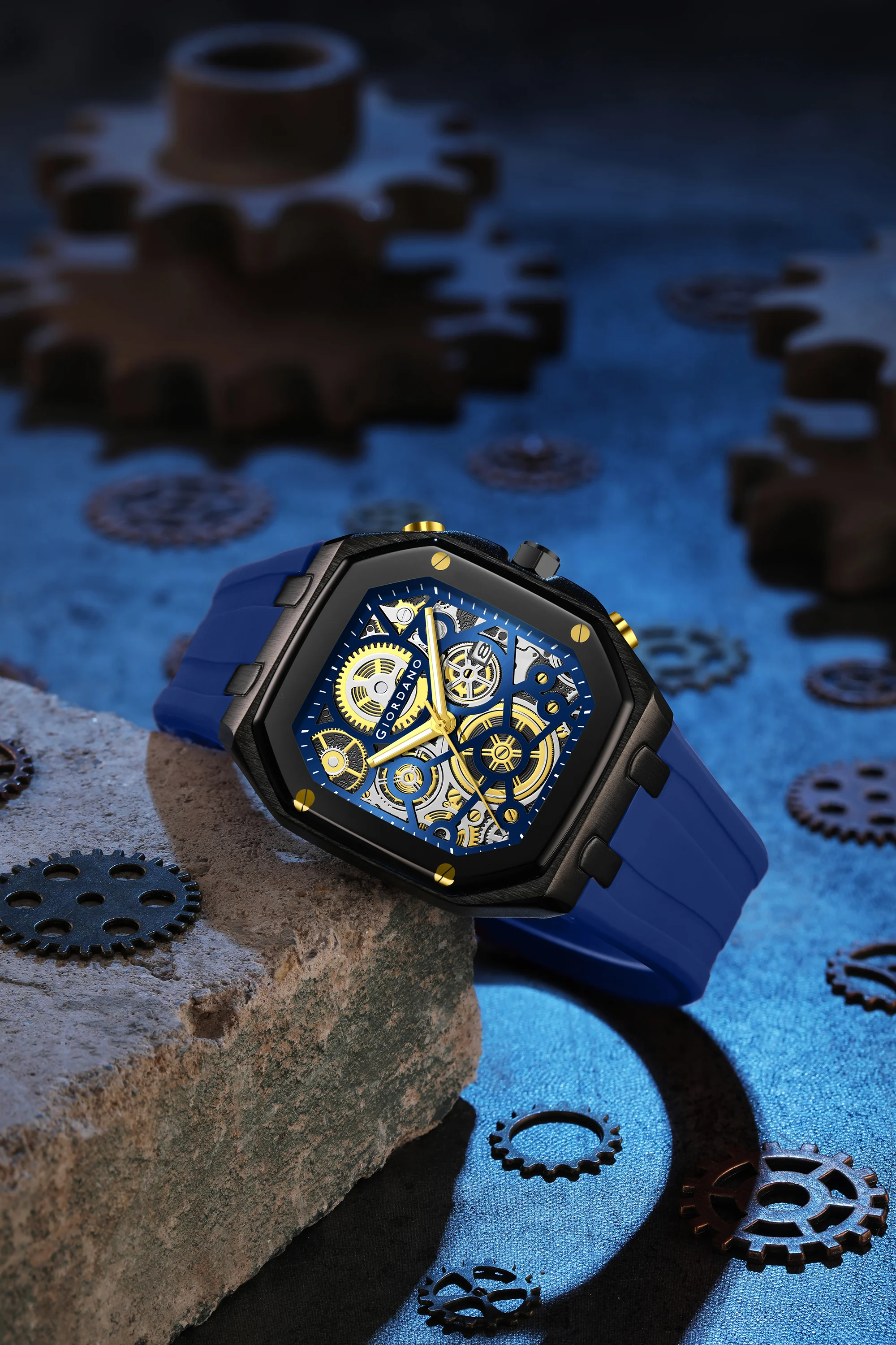 Giordano Skeleton Dial Analog Watch for Men – Black Tone Case, Blue Silicone Strap, Date Display & Transparent Mechanical Design GZ-50221-04 - Image 3