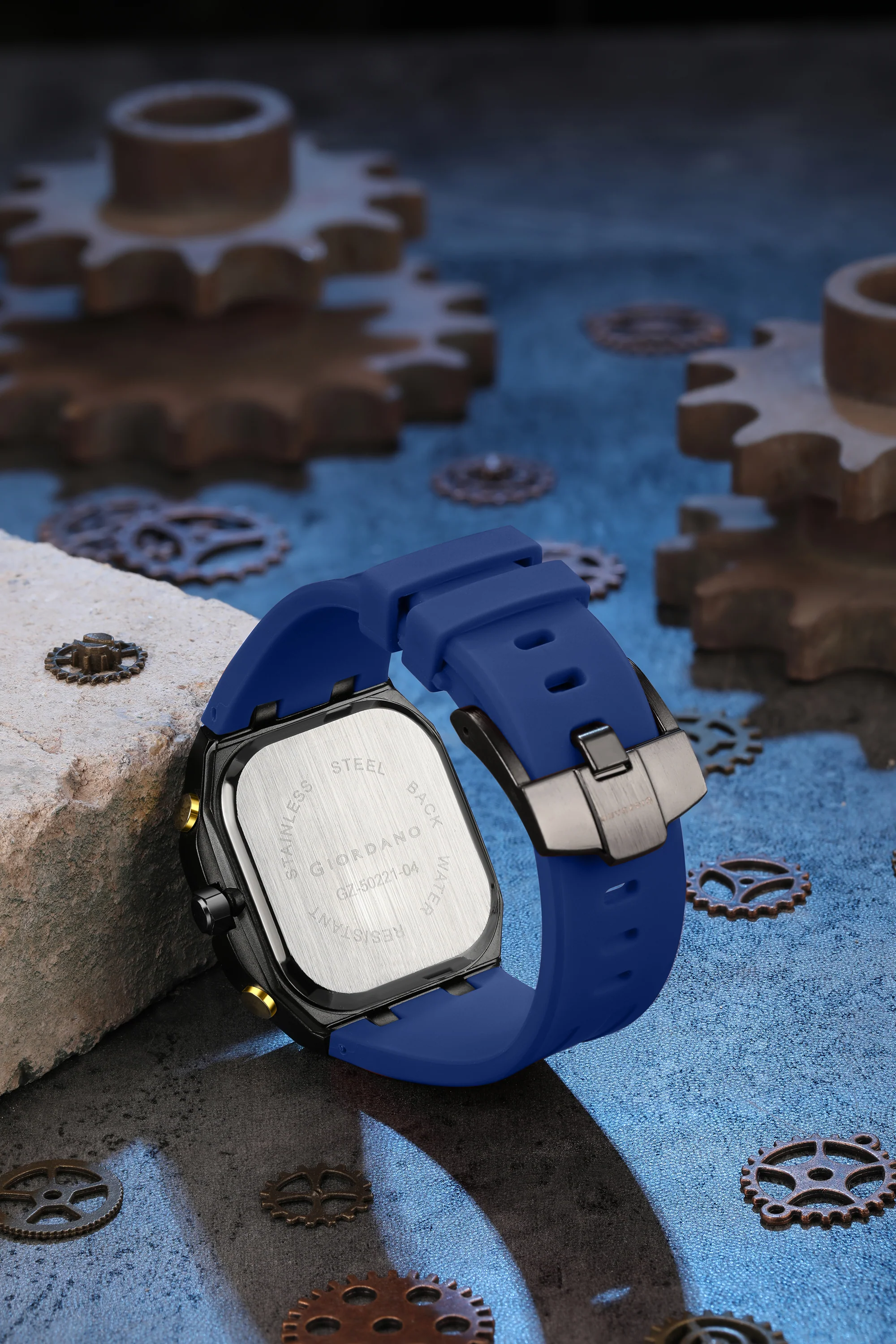 Giordano Skeleton Dial Analog Watch for Men – Black Tone Case, Blue Silicone Strap, Date Display & Transparent Mechanical Design GZ-50221-04 - Image 4