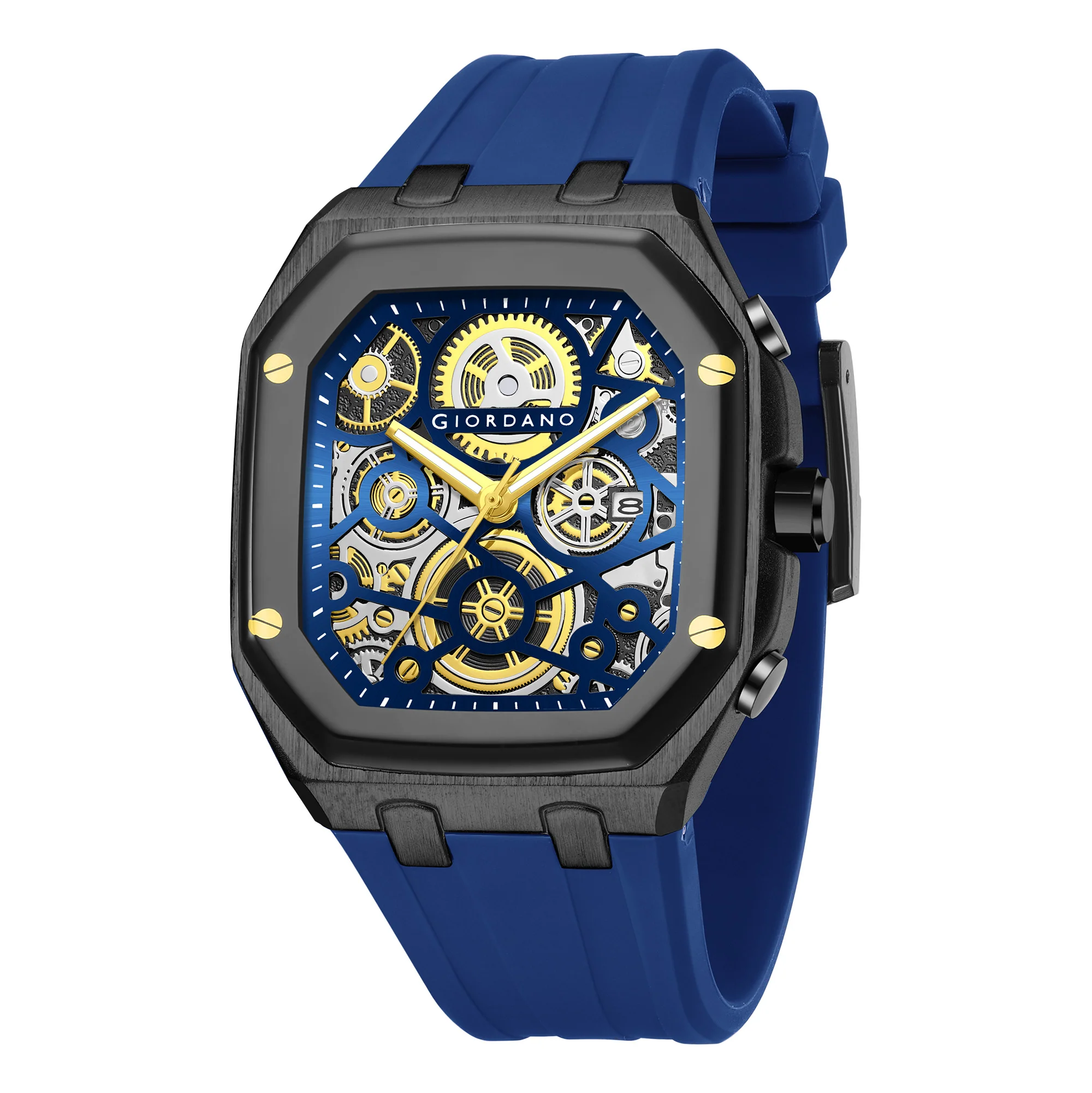 Giordano Skeleton Dial Analog Watch for Men – Black Tone Case, Blue Silicone Strap, Date Display & Transparent Mechanical Design GZ-50221-04 - Image 5