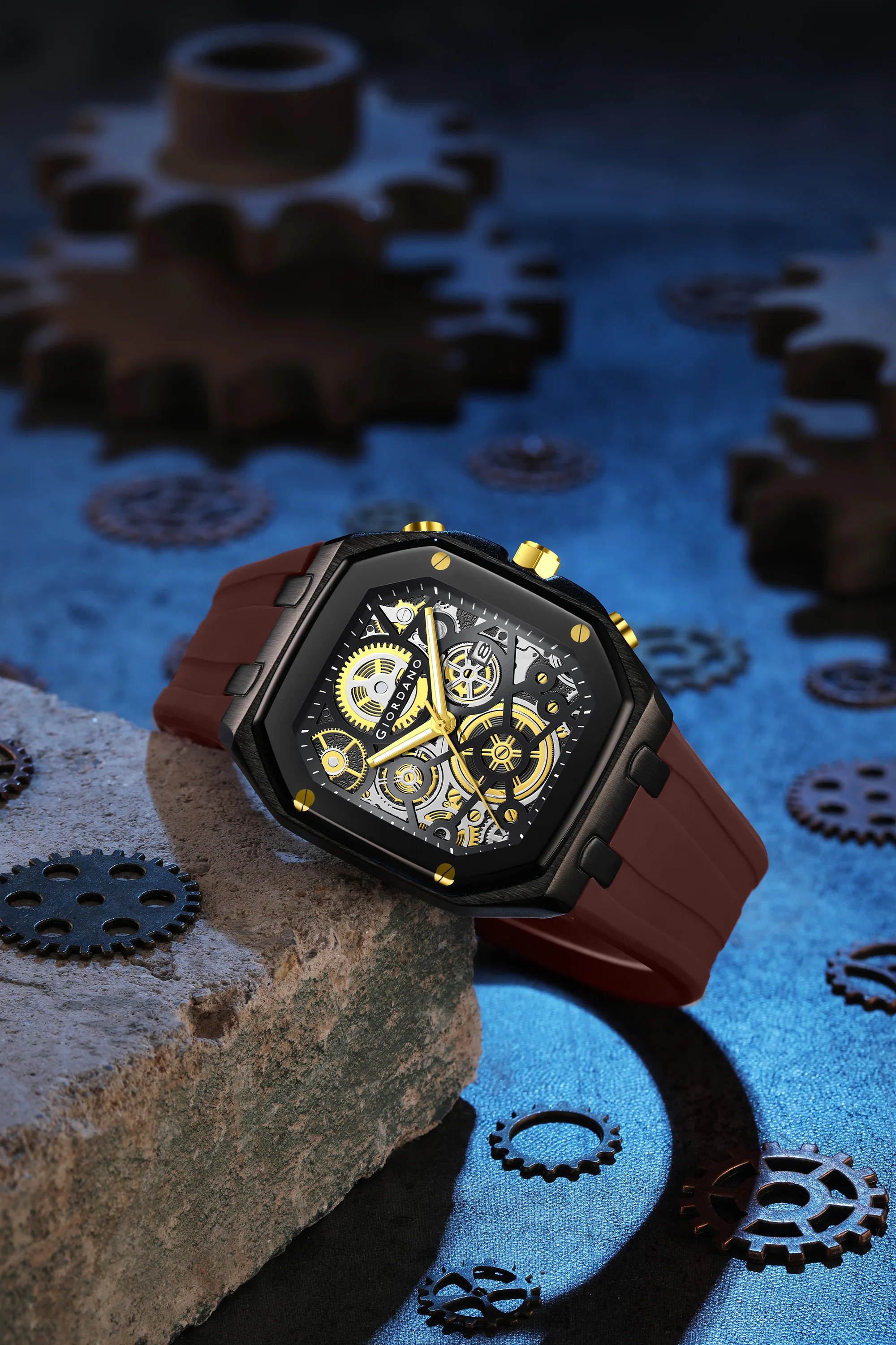 Giordano Skeleton Dial Analog Watch for Men – Black Tone Case, Brown Silicone Strap, Date Display & Transparent Mechanical Design GZ-50221-06 - Image 3
