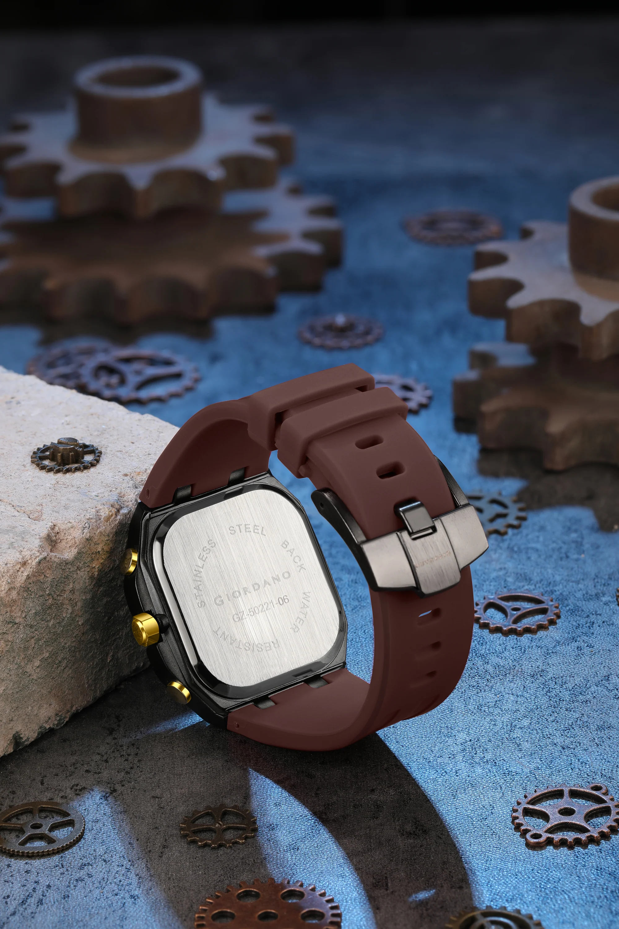 Giordano Skeleton Dial Analog Watch for Men – Black Tone Case, Brown Silicone Strap, Date Display & Transparent Mechanical Design GZ-50221-06 - Image 4