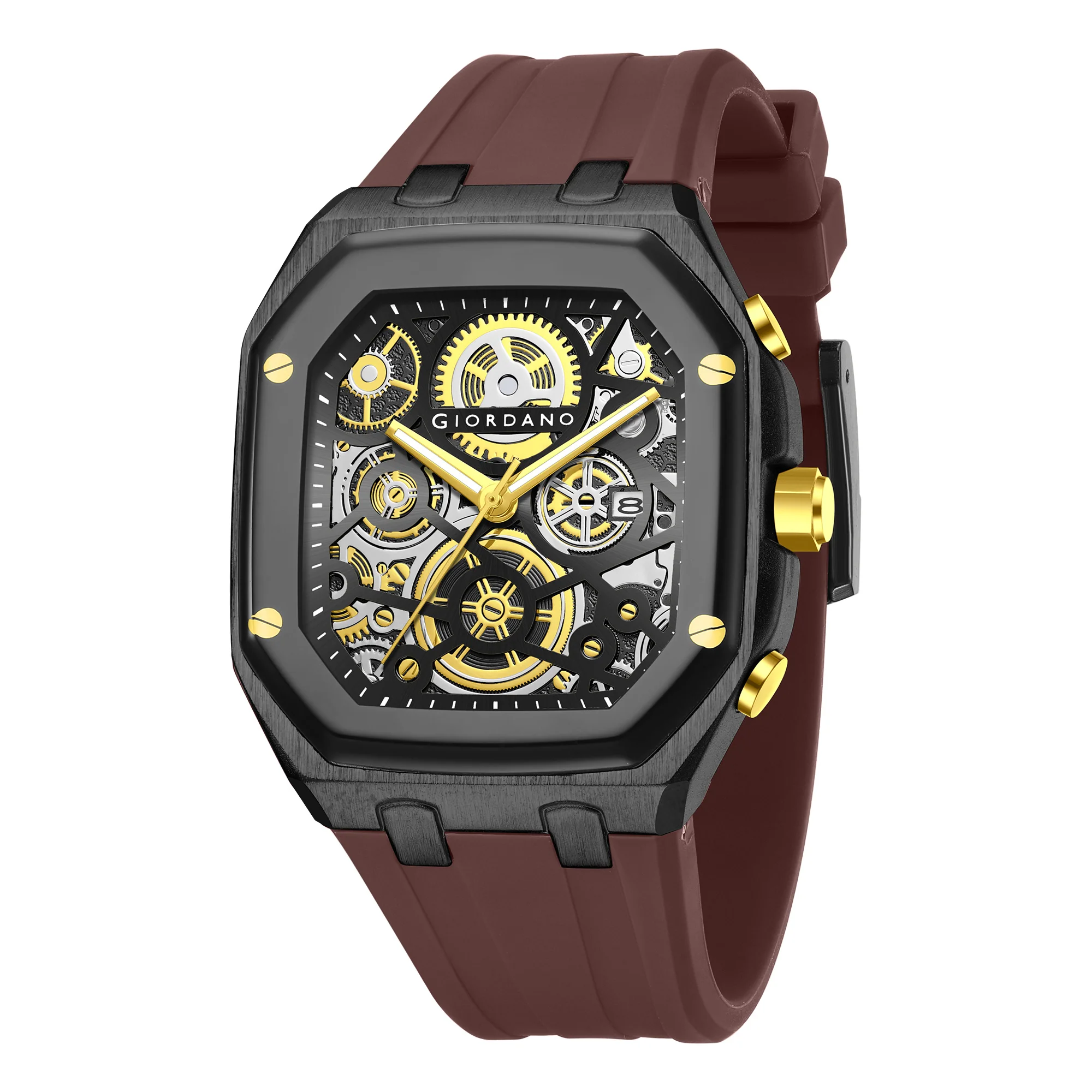 Giordano Skeleton Dial Analog Watch for Men – Black Tone Case, Brown Silicone Strap, Date Display & Transparent Mechanical Design GZ-50221-06 - Image 5